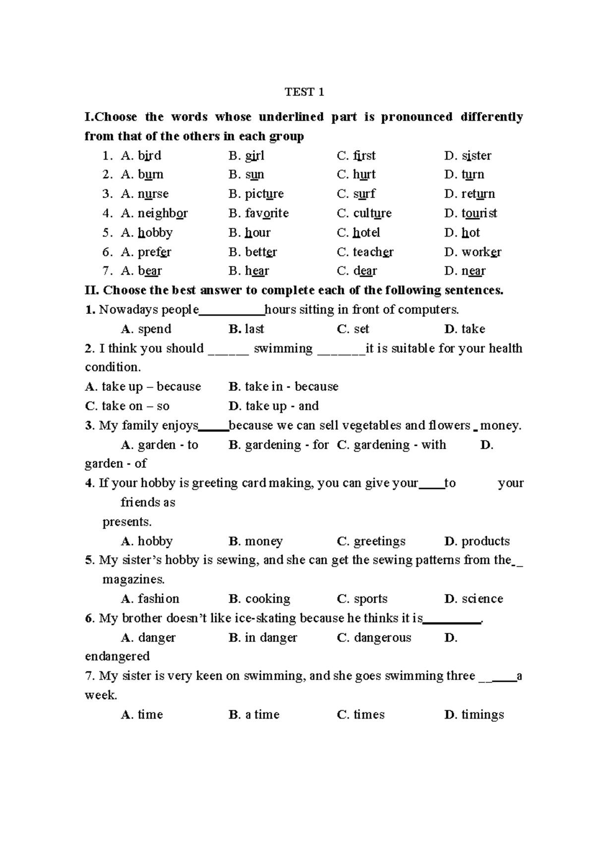 TEST 1 - Pronunciation and Sentence Completion Exercises - Studocu
