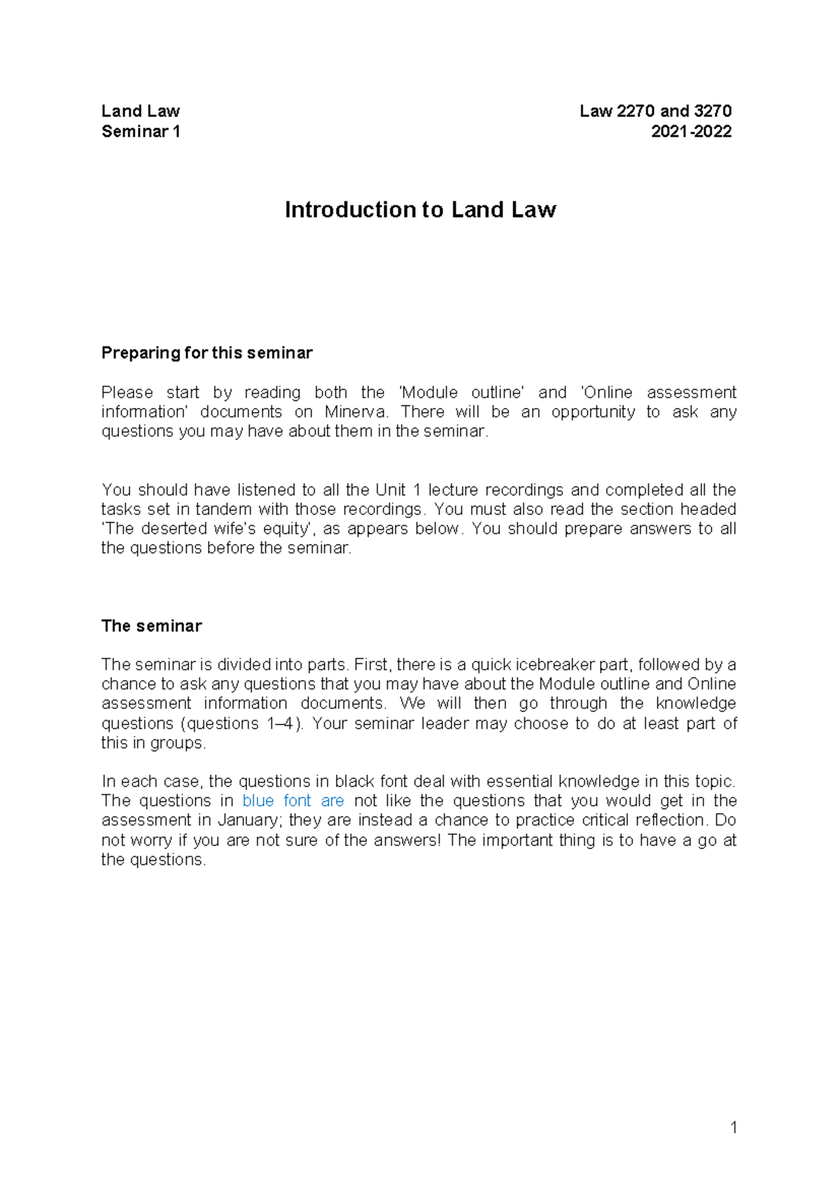 Land Law 2270/3270 - Seminar 1 Preparation Notes (2021) - Studocu