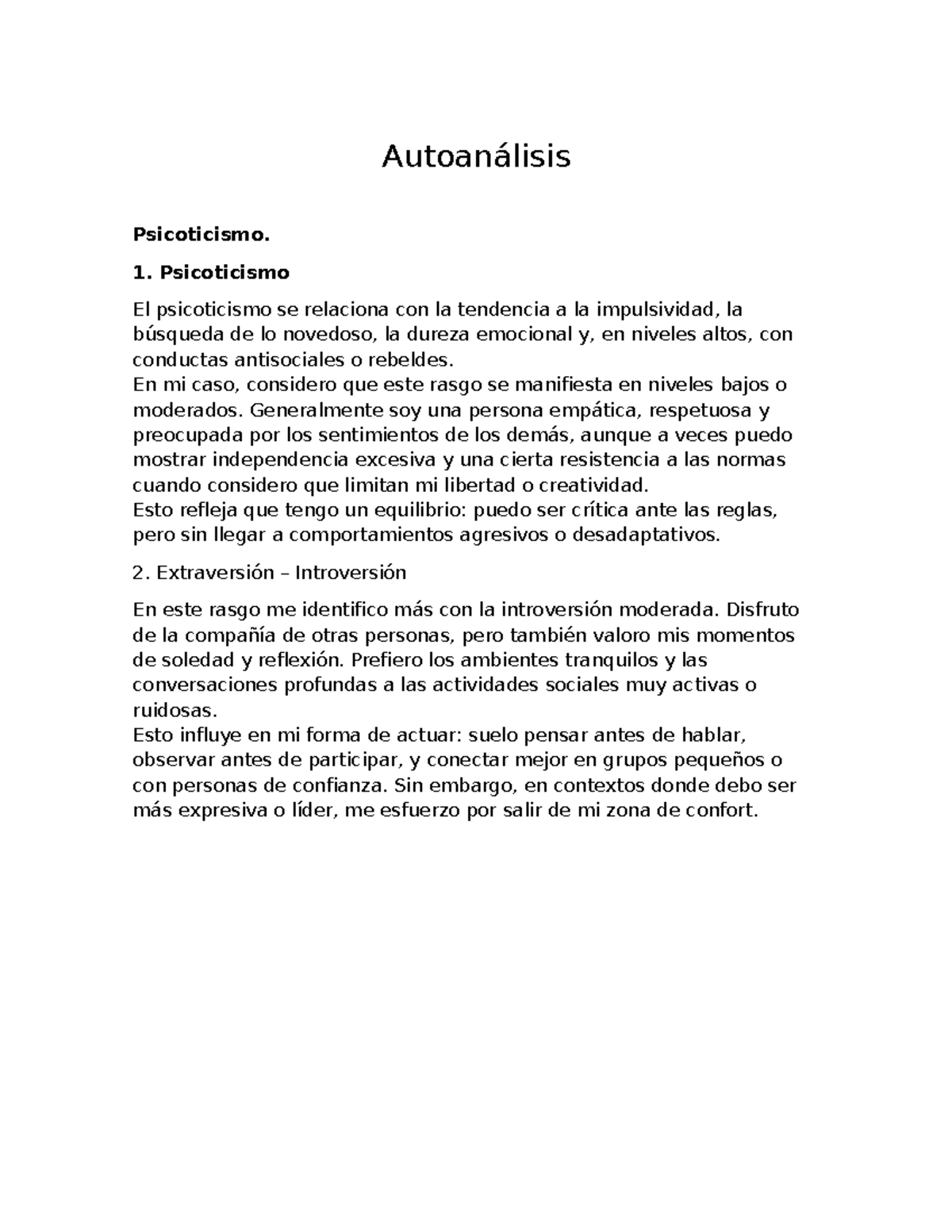 Autoanálisis de Psicoticismo y Extraversión-Introversión - Studocu