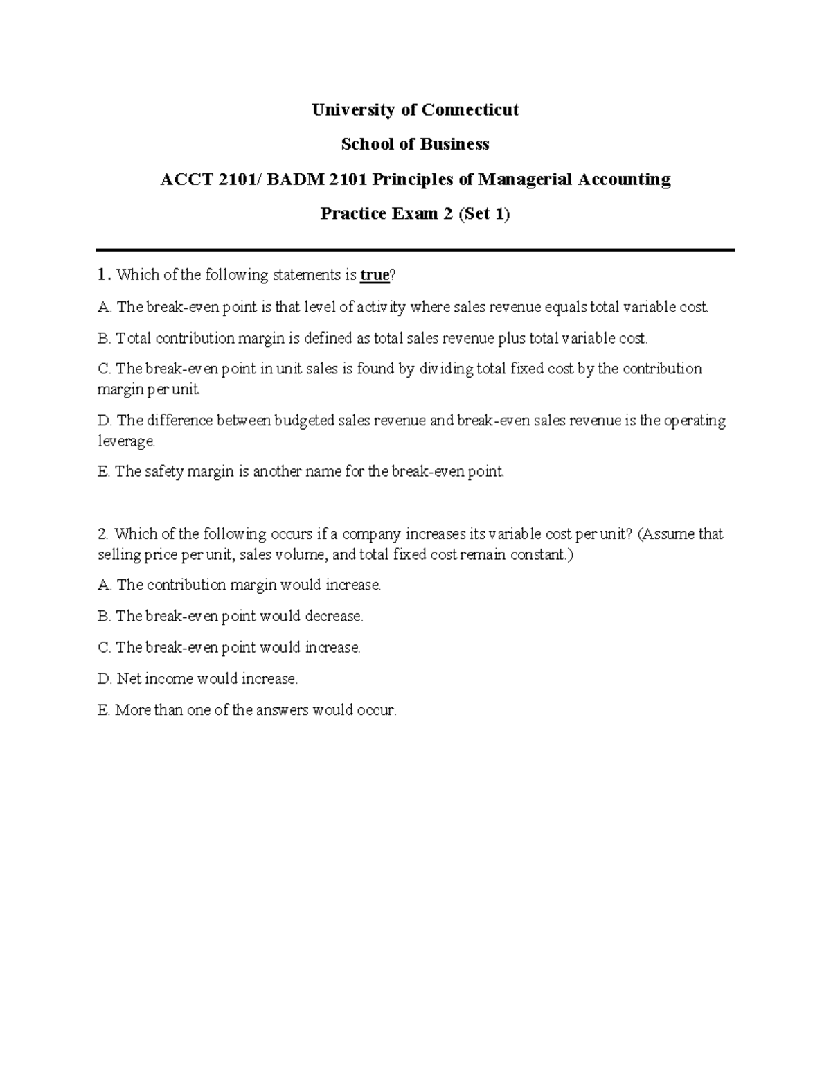 Practice Exam 2 Set 1 for ACCT 2101/BADM 2101 Managerial Accounting ...