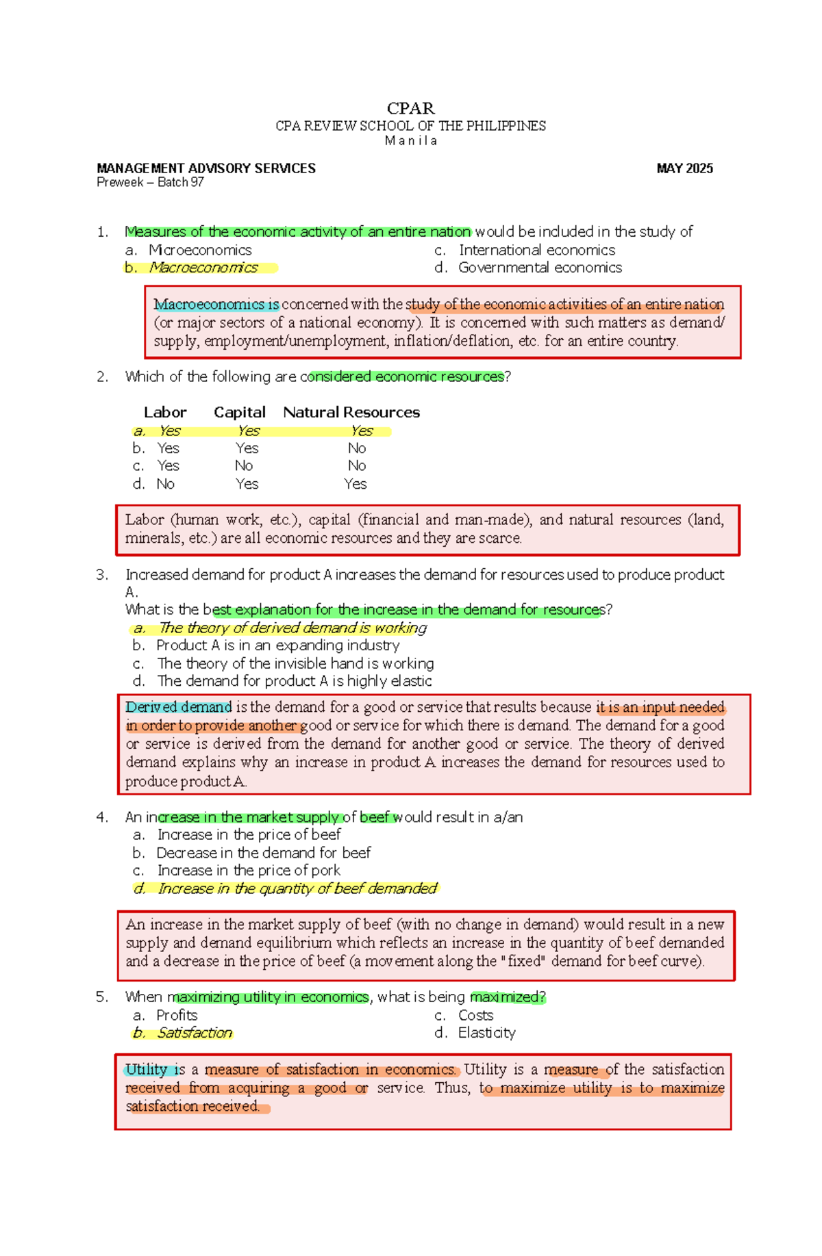 CPAR CPA REVIEW: MANAGEMENT ADVISORY SERVICES PREWEEK BATCH 97 MAY 2025 ...