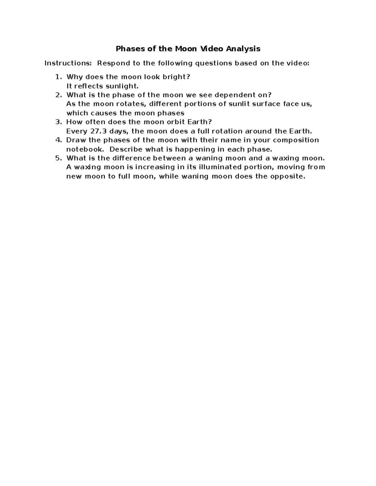 Phases of the Moon Video Analysis 24-25 - Phases of the Moon Video ...