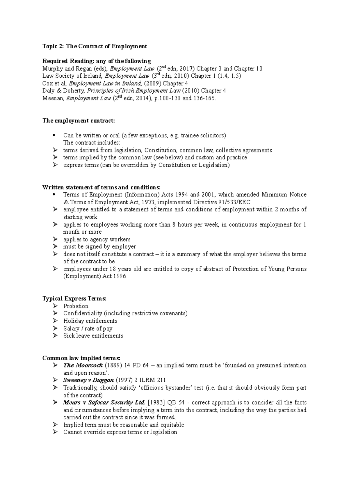 Topic 2 Contract of Employment Class Notes - Key Concepts & Case Law ...