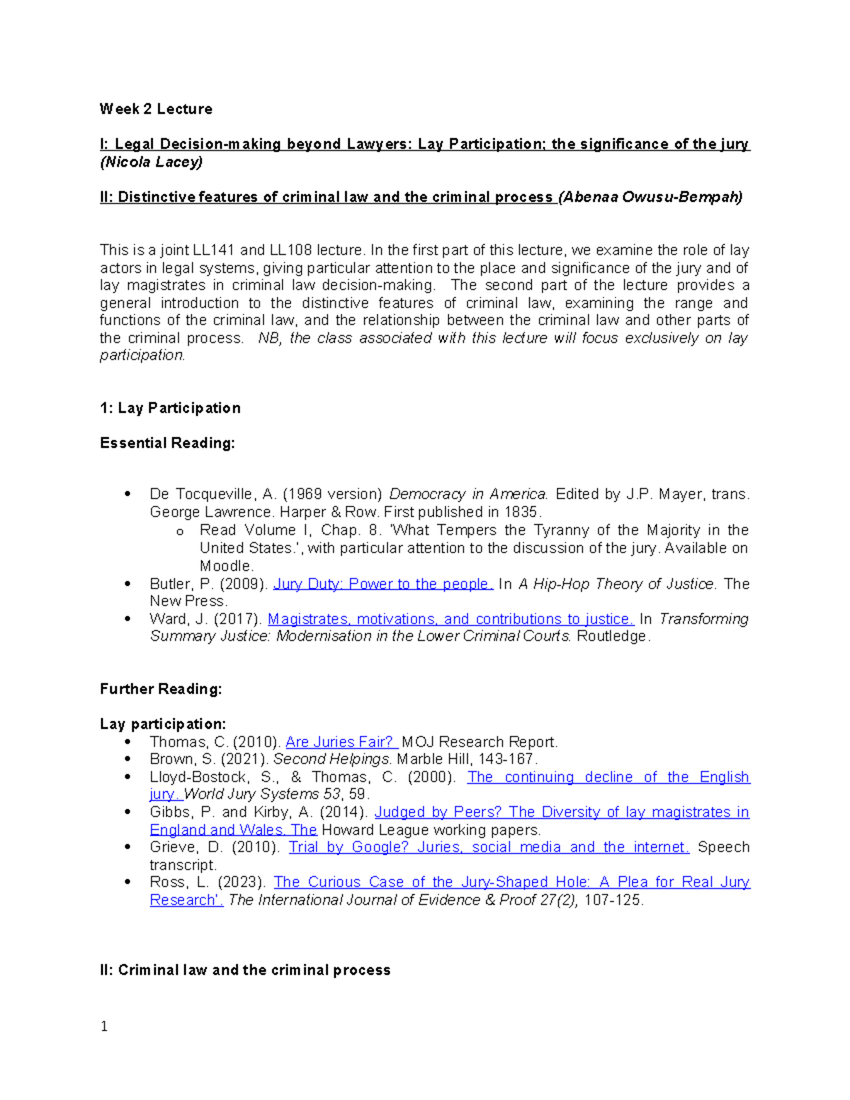 Lay participation - Reading list and class questions - Week 2 Lecture I ...