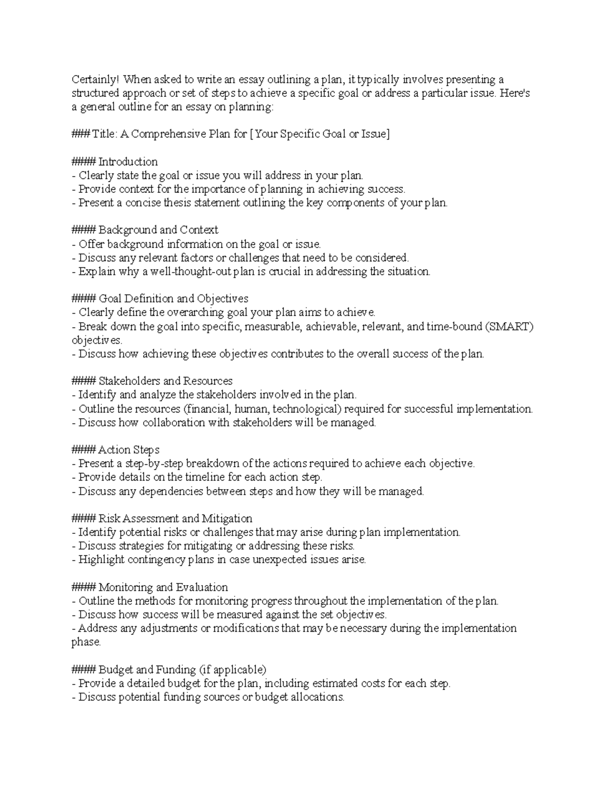 PL - Essay Outline: Comprehensive Planning Strategy for Success - Studocu