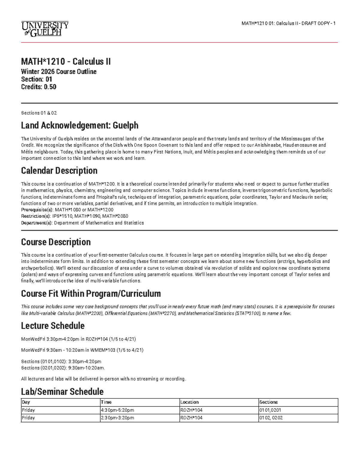MATH1210 - Calculus II Course Outline - Winter 2026 - Studocu
