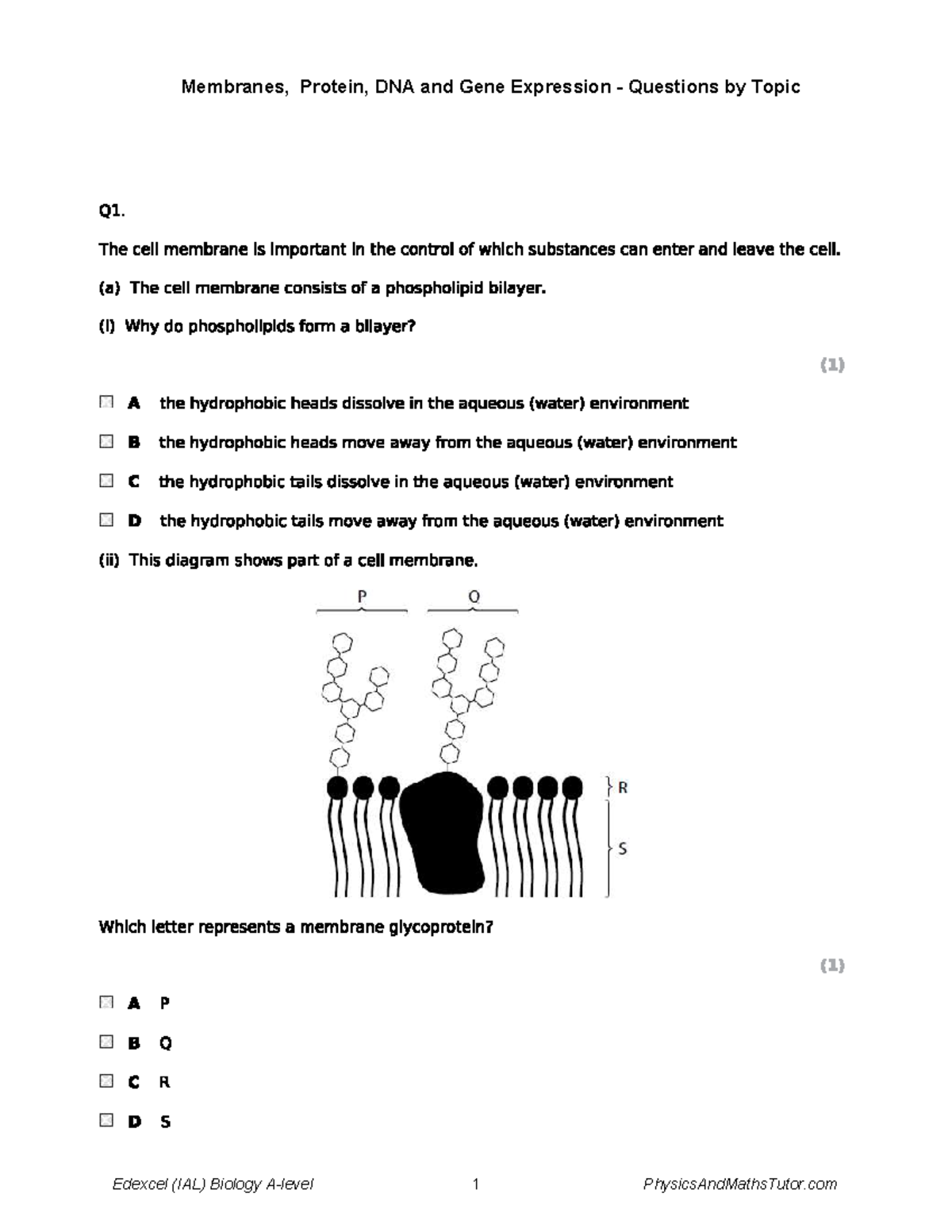 Membranes, Proteins, DNA & Gene Expression QP - Edexcel IAL Biology ...