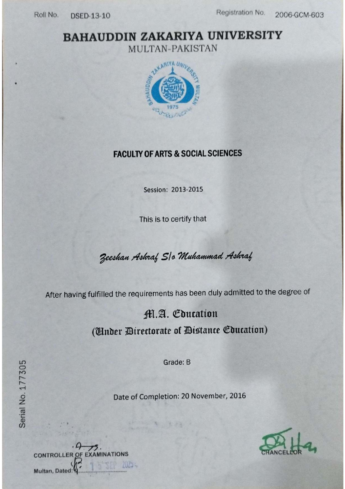 M.A. Education Transcript - B.Z. University, Multan - Studocu