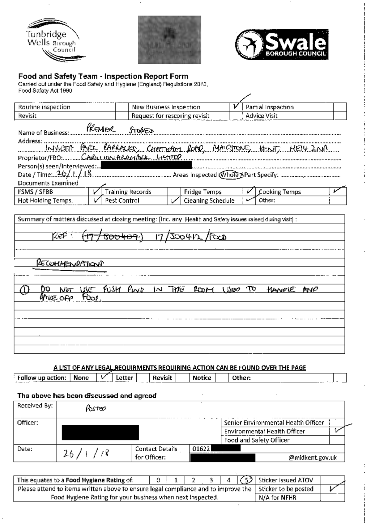 FOI 8118 Appendix 3 - Food Inspection Report Form & Inspection Notes ...