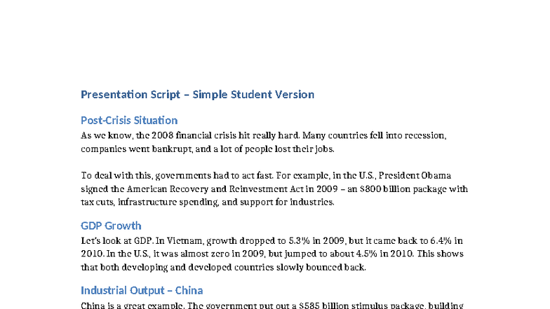 Presentation Script: Economic Recovery Post-2008 Crisis - Studocu