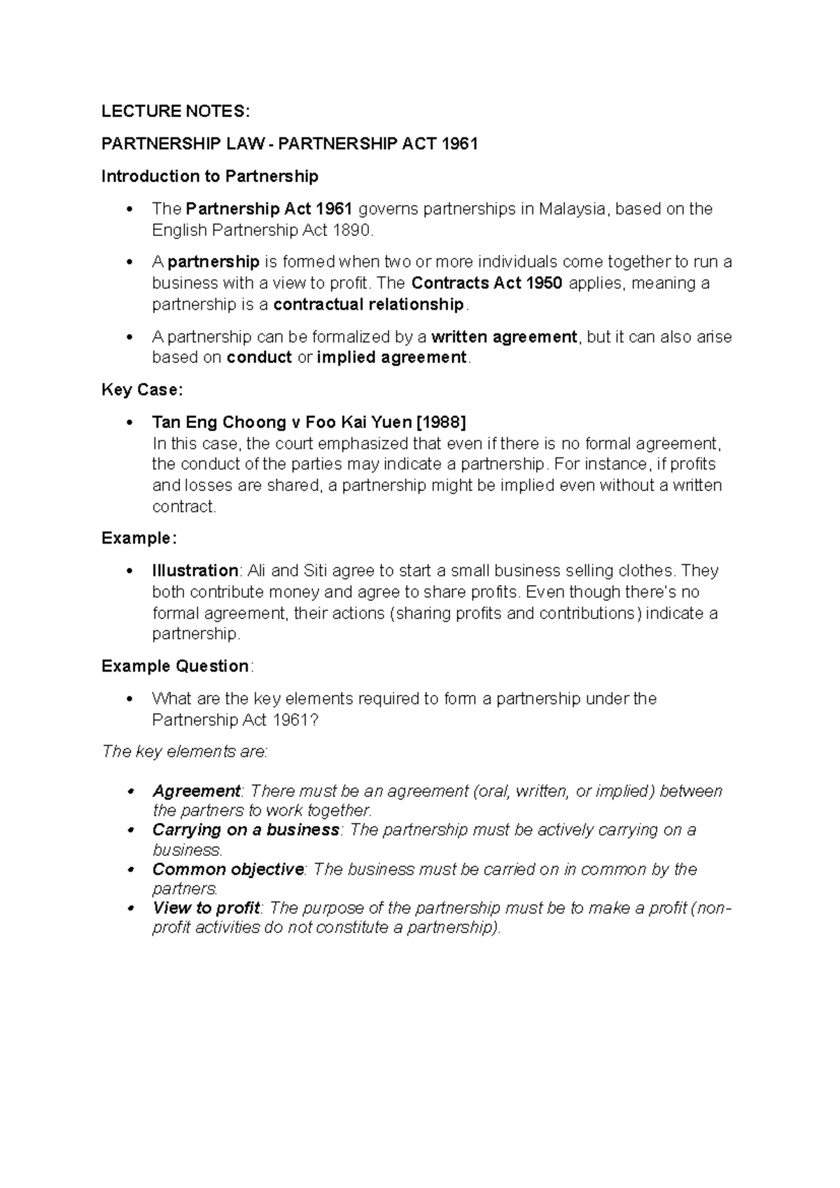 LECTURE NOTES: PARTNERSHIP LAW (PA 1961) Overview and Key Cases - Studocu