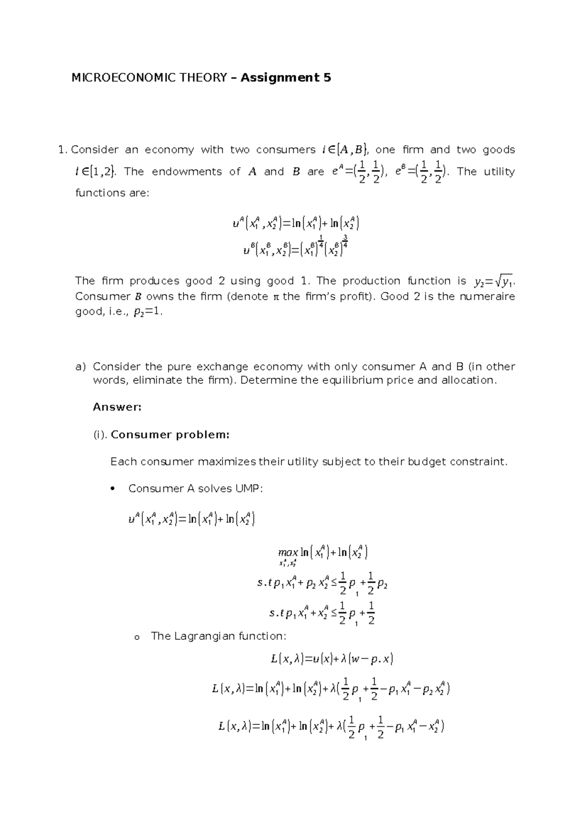 Microeconomic Theory - Assignment 5 Analysis and Solutions - Studocu