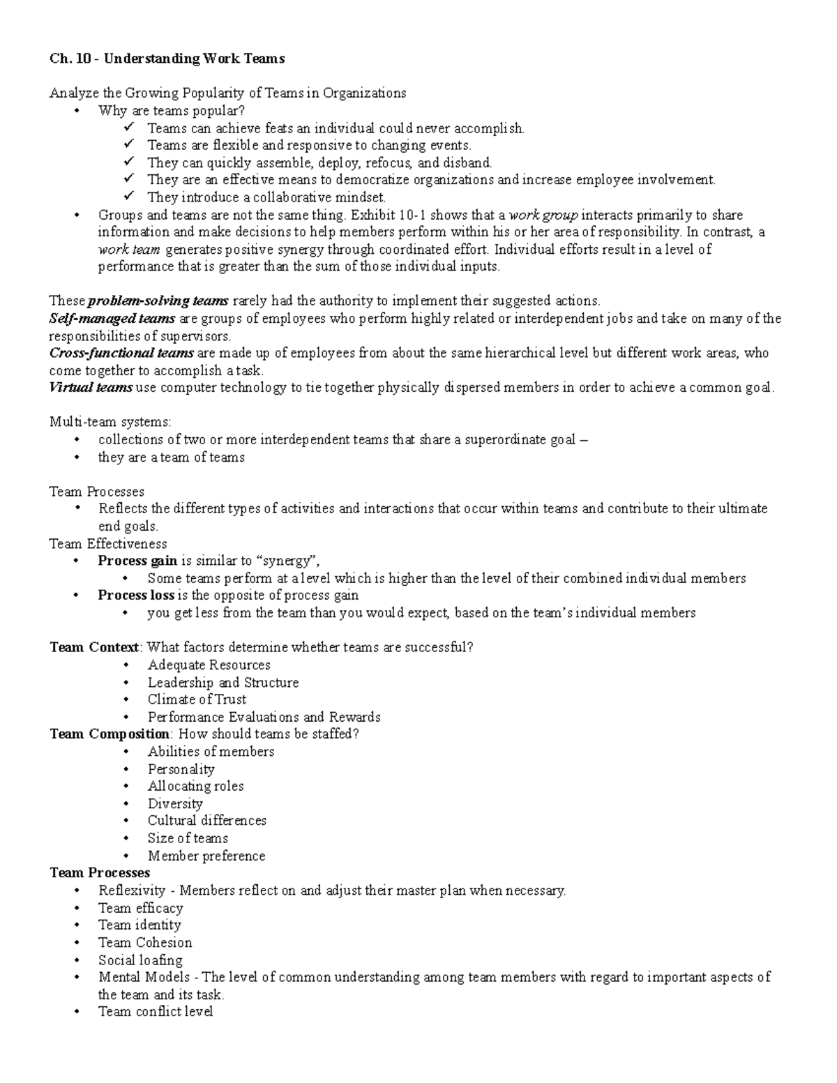 Ch. 10:11 notes - Ch. 10 - Understanding Work Teams Analyze the Growing ...