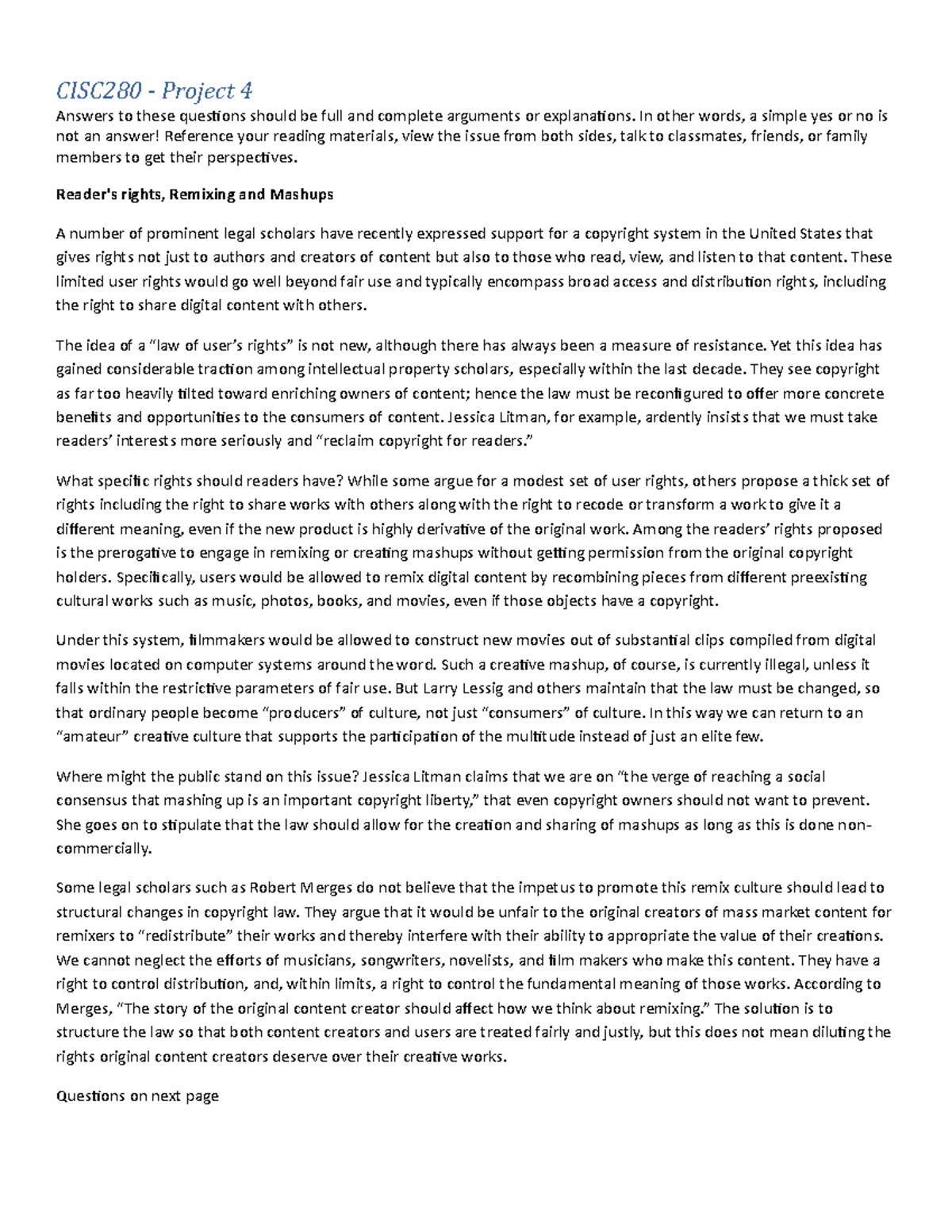 CISC280 Assignment #4: Analyzing Copyright and User's Rights in Remix ...