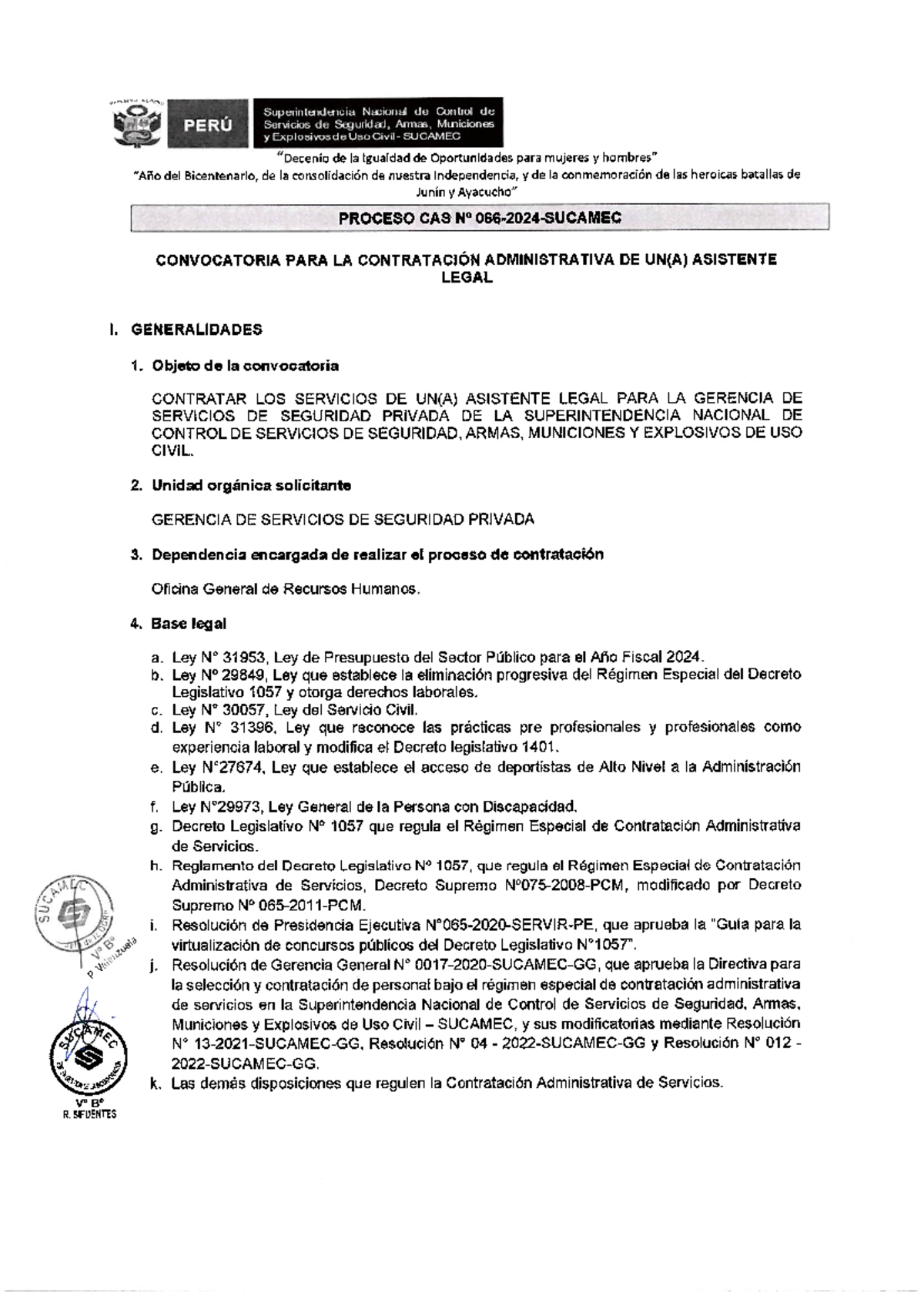 CAS 066 Bases para la Contratación de Asistente Legal en SUCAMEC - Studocu