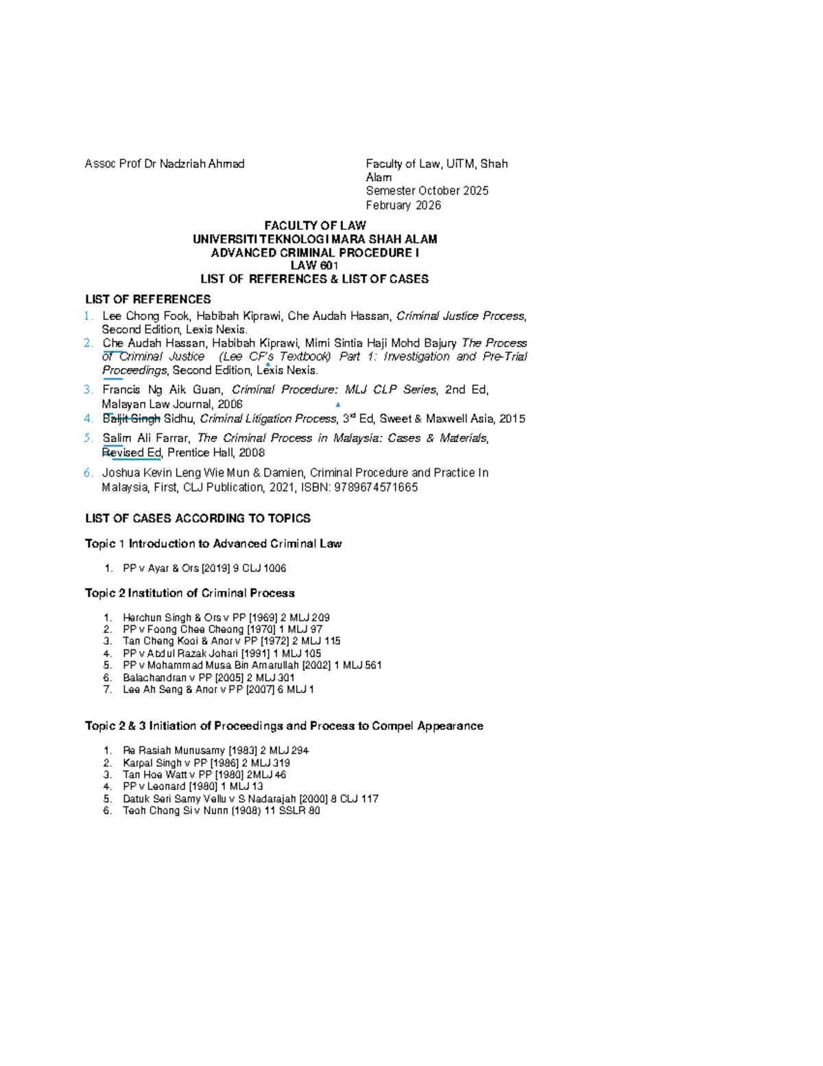 LAW 601 Advanced Criminal Procedure I: References & Cases List - Studocu
