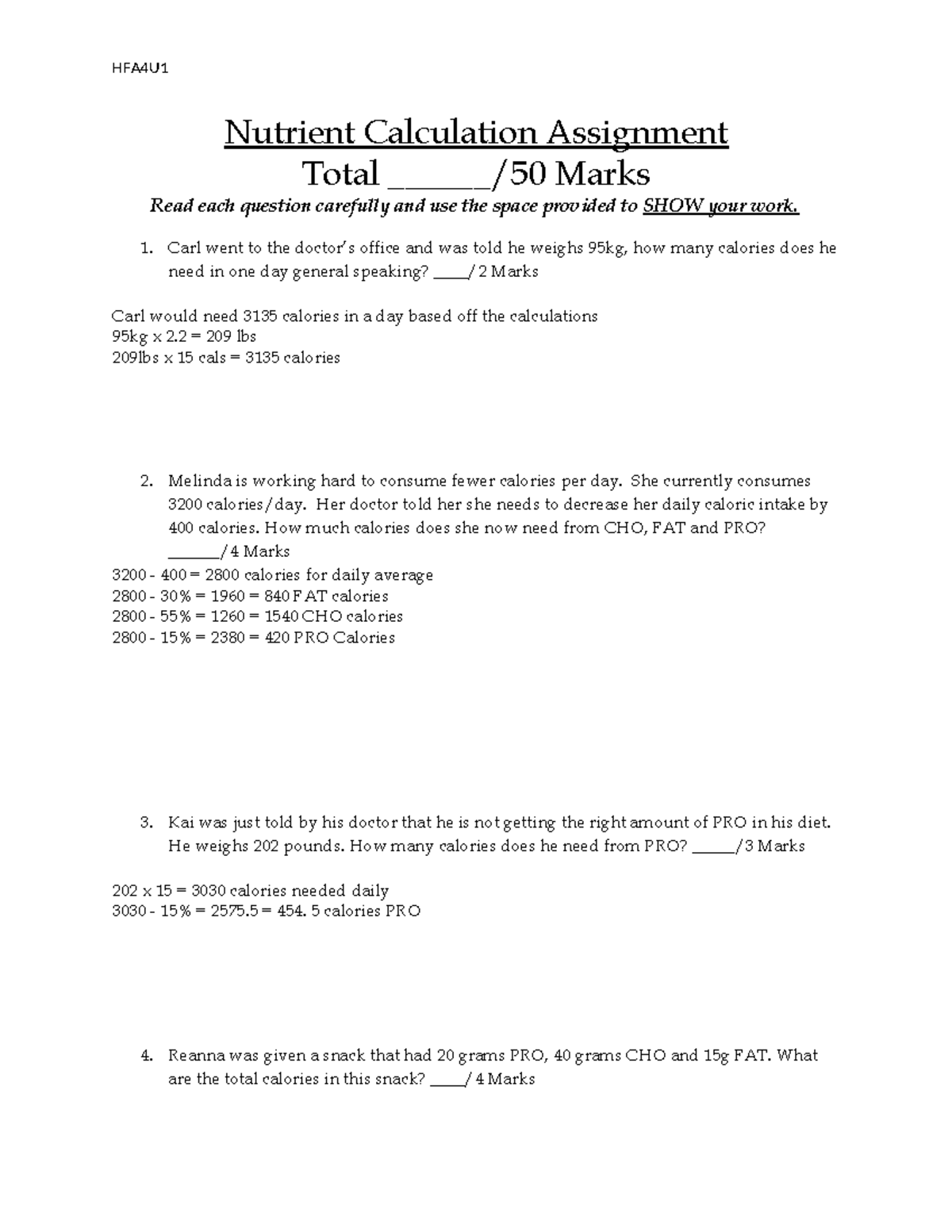 HFA4U1 Nutrient Calculation Assignment: Detailed Solutions and Analysis ...
