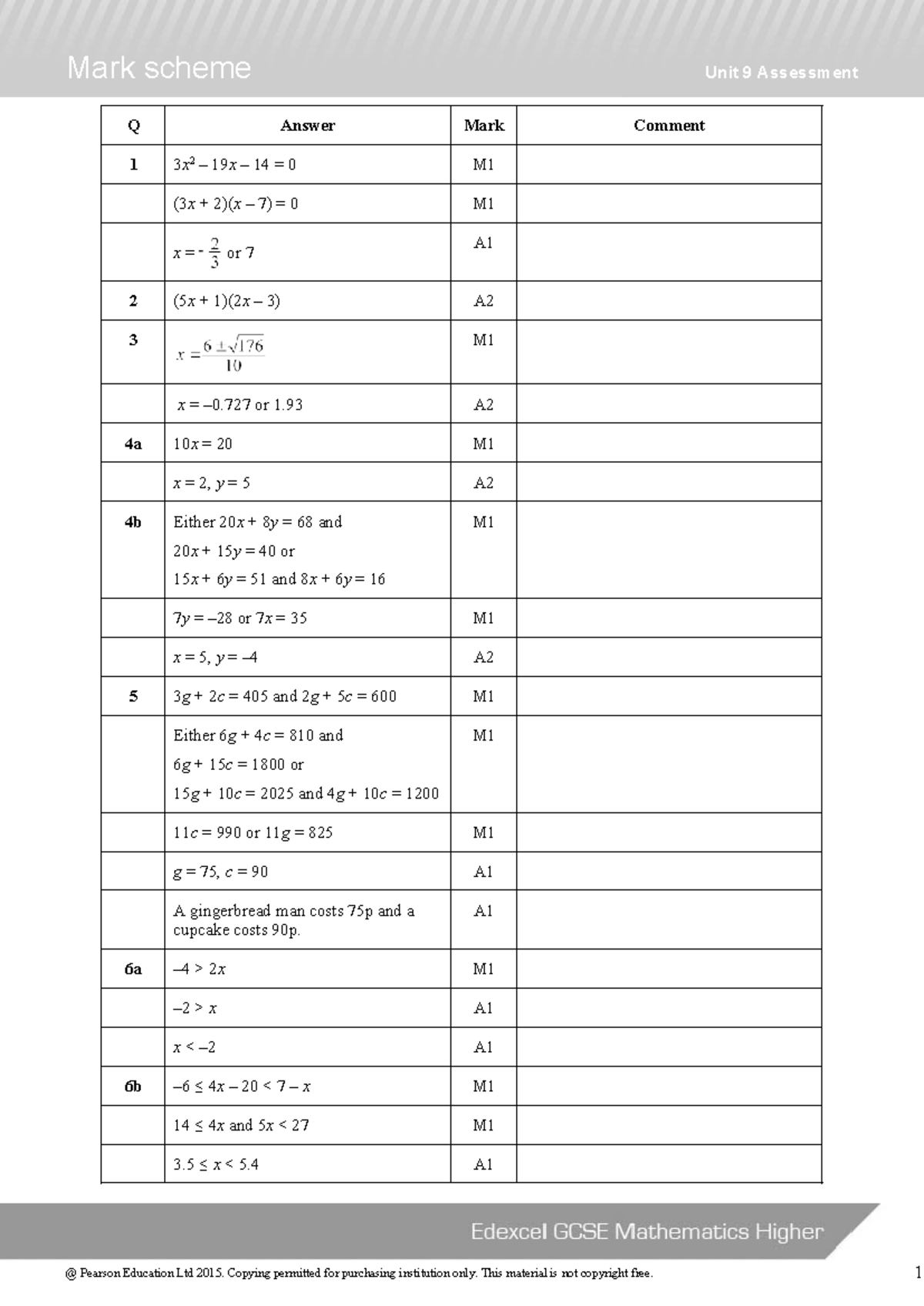Unit 09 Mark Scheme H - Mathematics Assessment Answers - Studocu