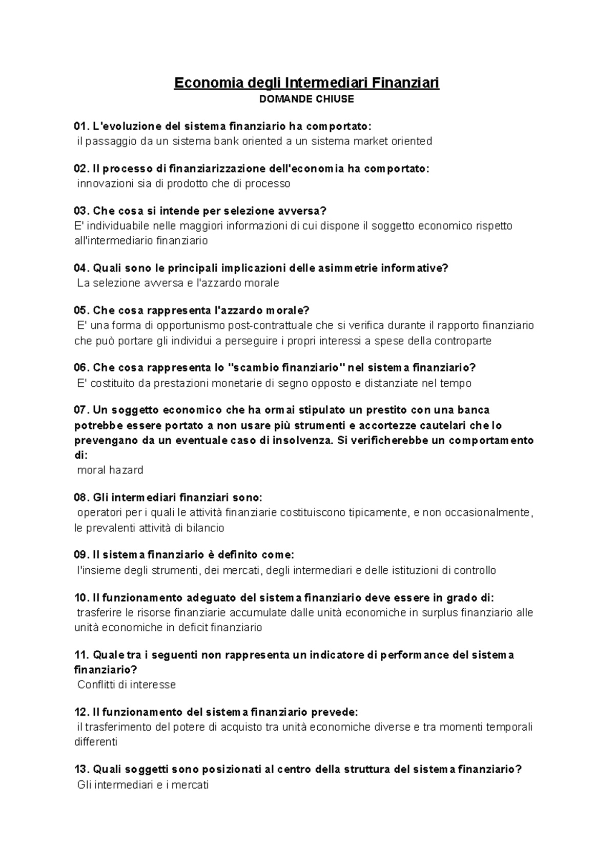 Economia degli Intermediari Finanziari - Domande Chiuse e Risposte - Document Preview