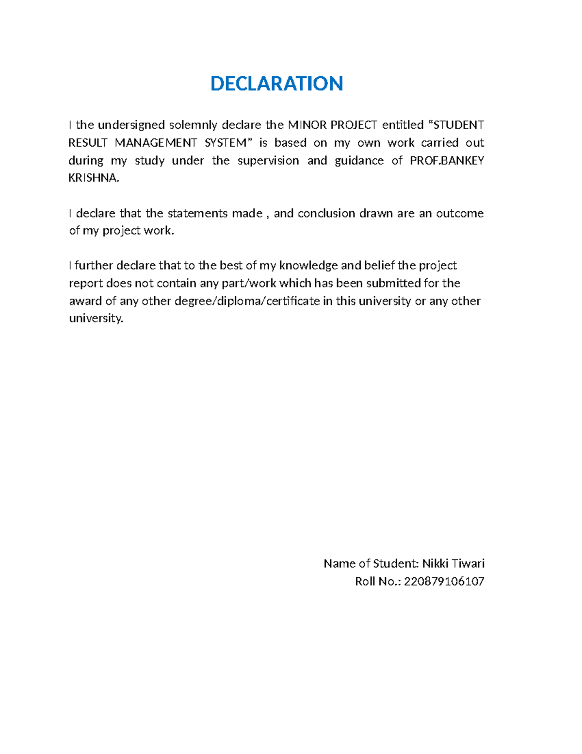 Student Result Management System: Minor Project BCA2022-25 - Studocu