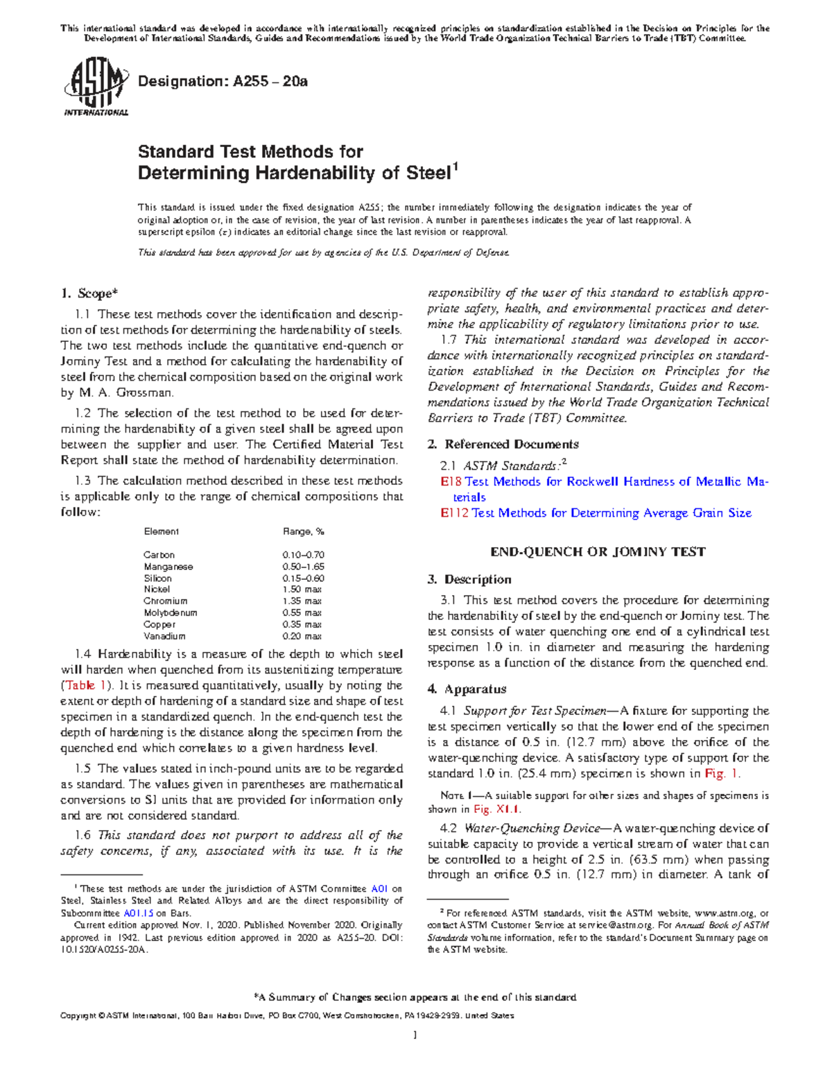 ASTM A255 20a Standard Test Methods for Steel Hardenability - Studocu