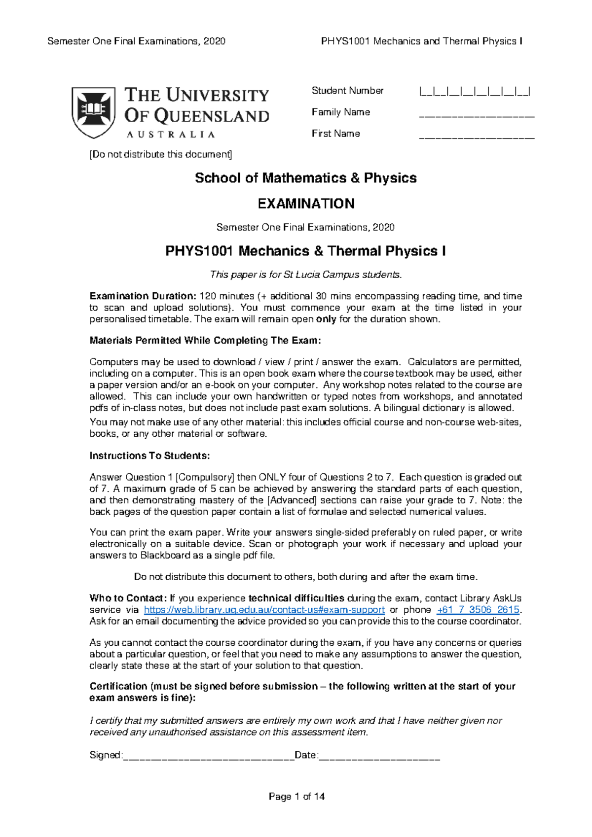 PHYS1001 Semester 1 Final Exam 2020: Mechanics & Thermal Physics - Studocu