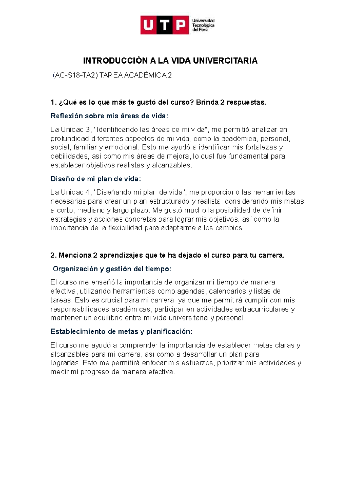 IVU Tarea Académica 2: Reflexiones sobre la Vida Universitaria - Document Preview