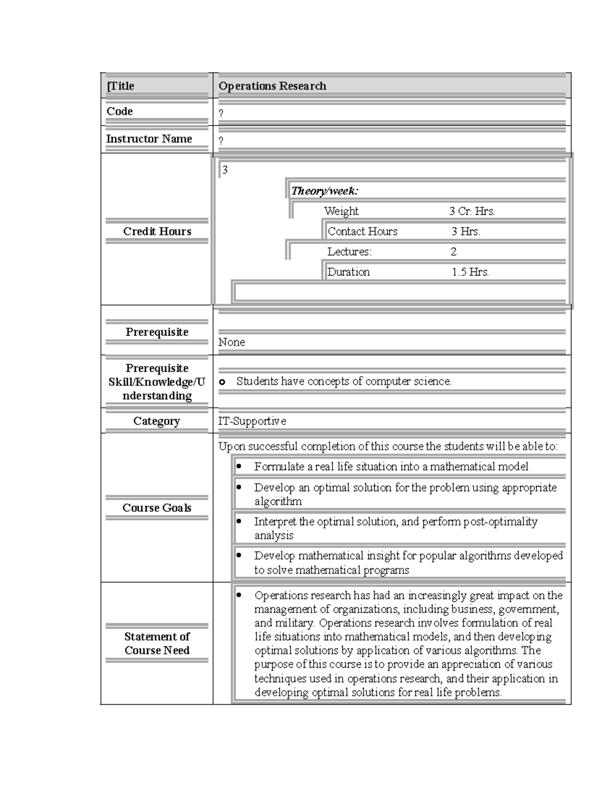 Operations Research (OR) Course Outline and Syllabus - Studocu