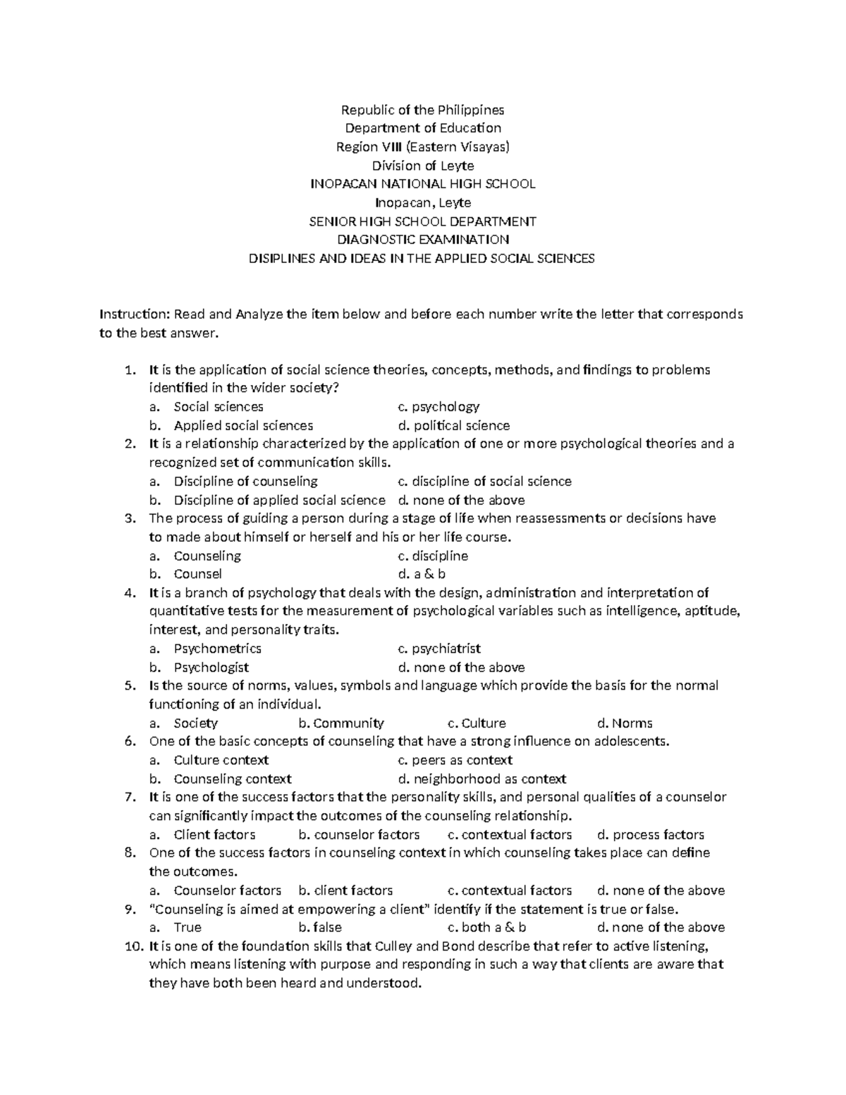 SHS Diagnostic Exam: Disciplines & Ideas in Applied Social Sciences ...