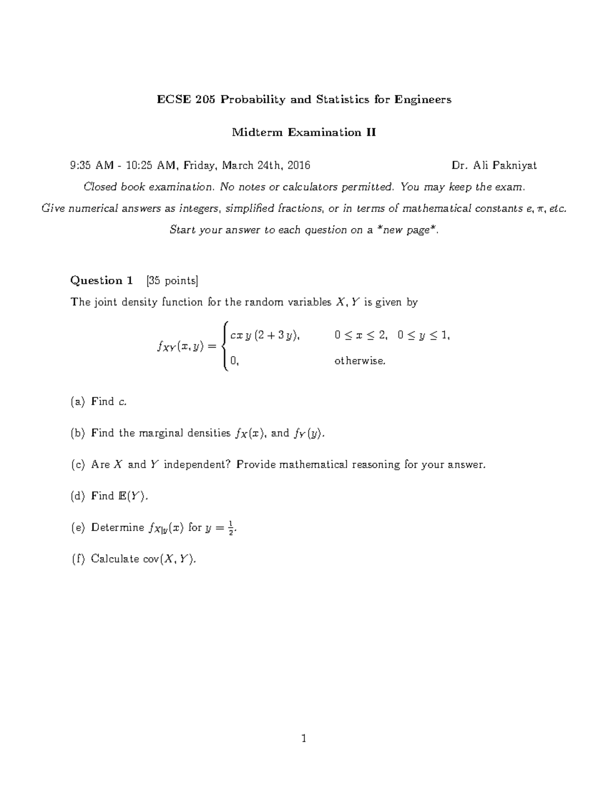 Midterm Exam II for W2017 ECSE205M2: Probability & Statistics - Studocu