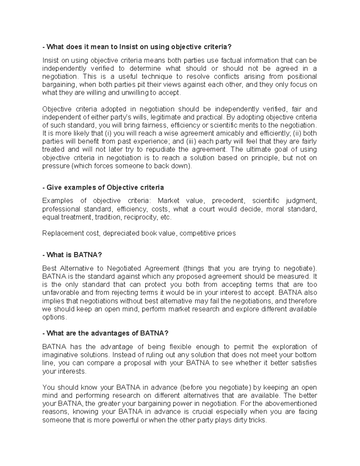 Negotiation sample exam: Understanding objective criteria and BATNA ...