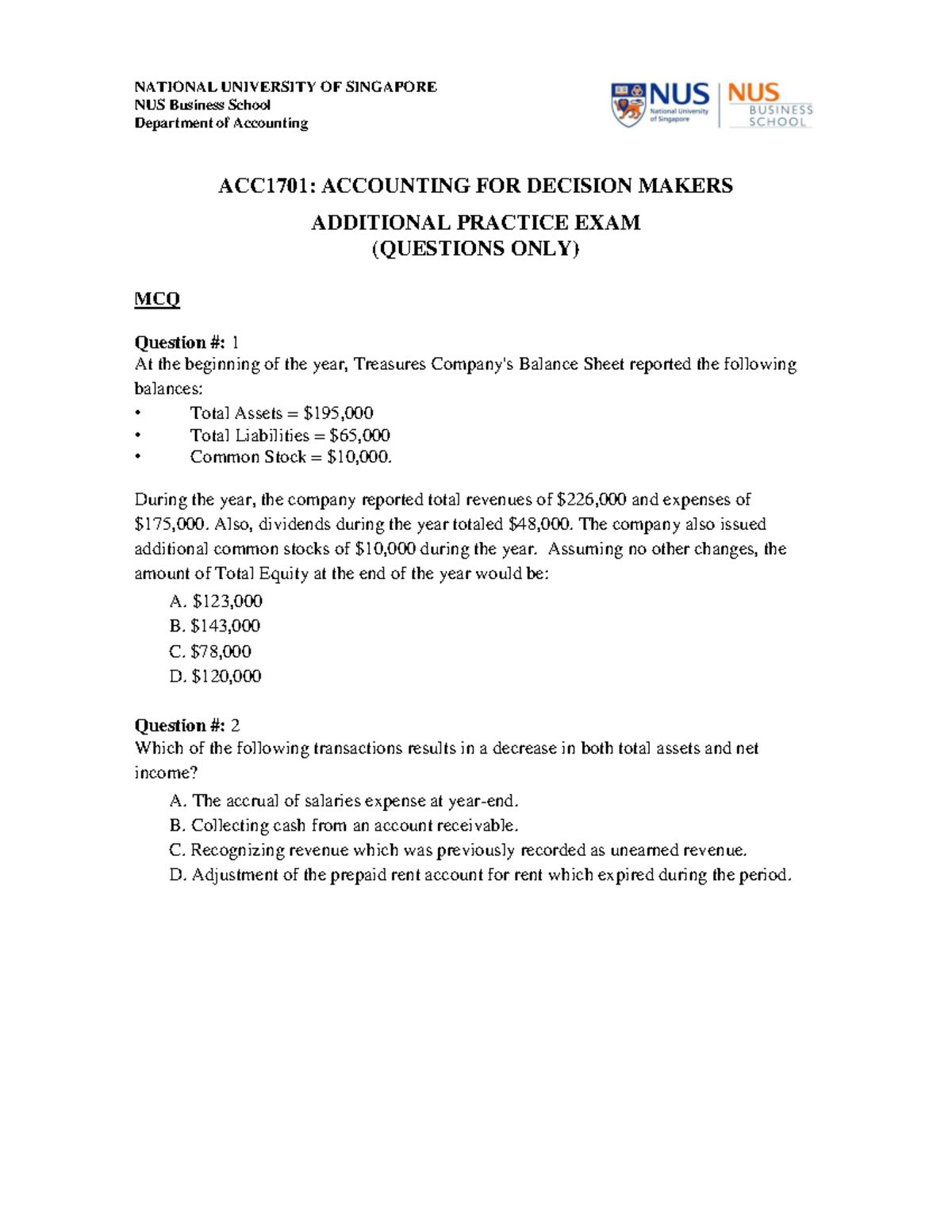 Additional Practice Exam Questions - NATIONAL UNIVERSITY OF SINGAPORE ...