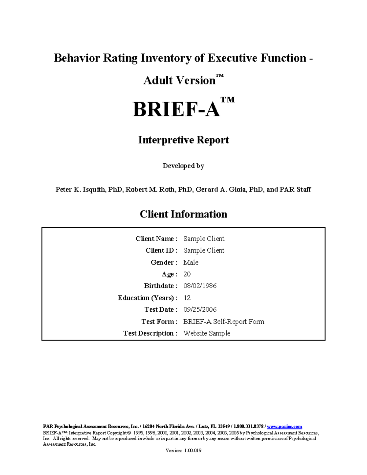 Behavior Rating Inventory of Executive Function (Adult) - Interpretive ...
