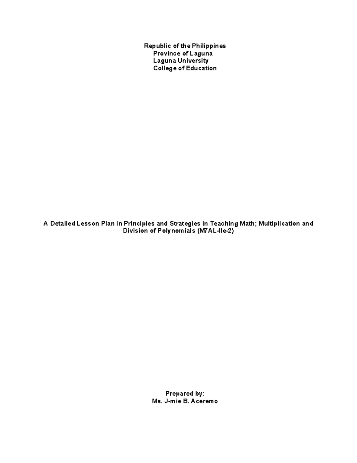 Detailed Lesson Plan: Teaching Multiplication & Division of Polynomials ...