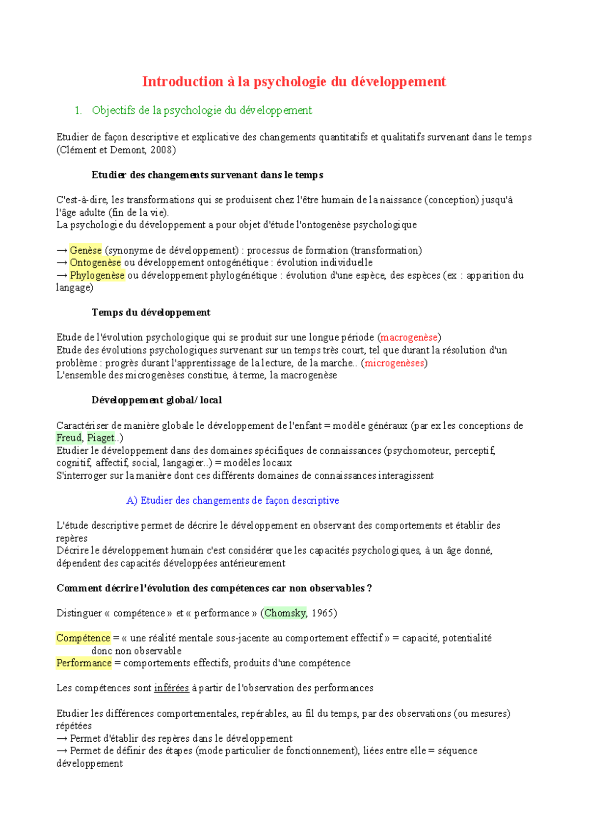 Psy 101 - Intro à la Psychologie du Développement: Concepts Clés - Studocu