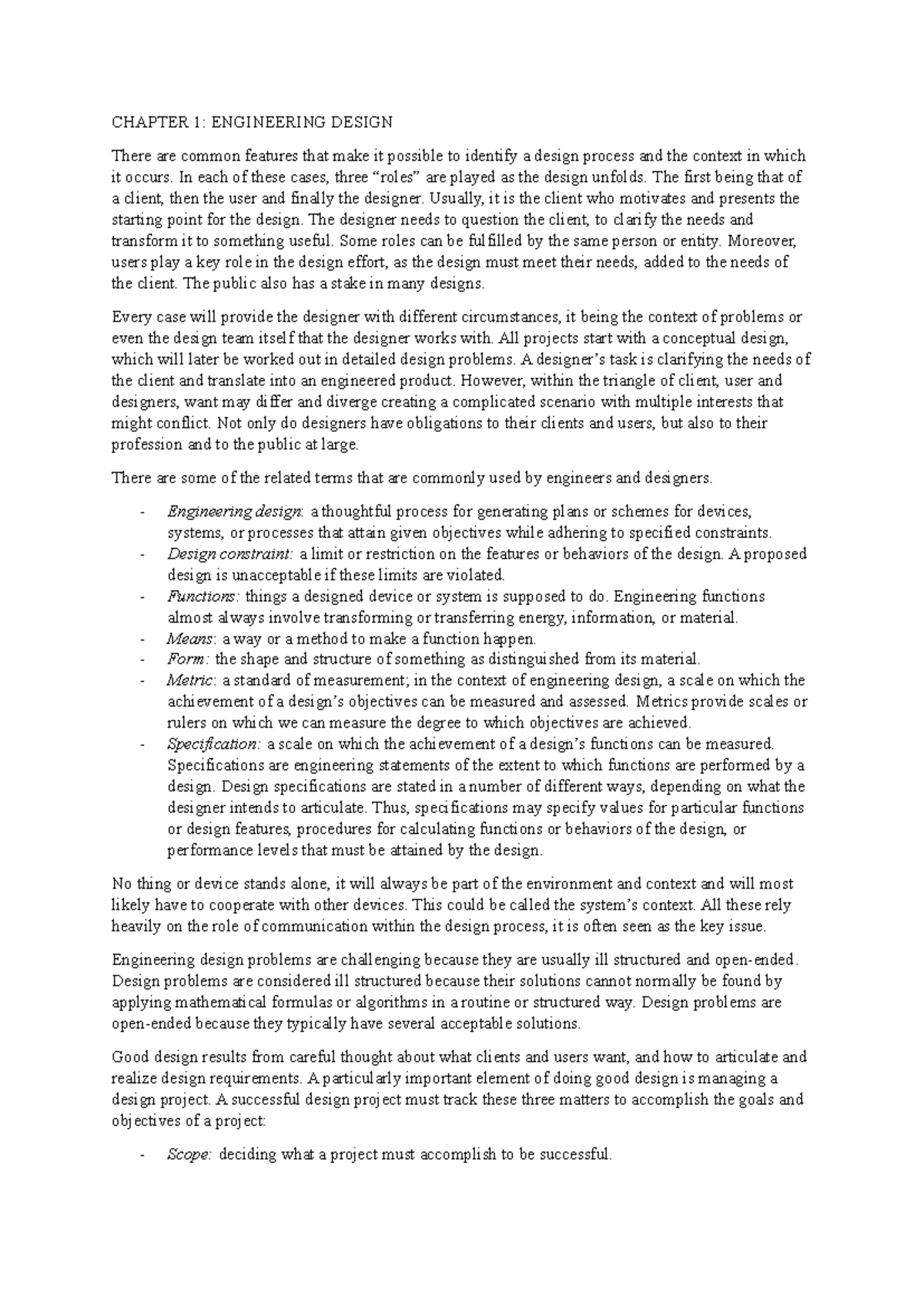 Engineering Design: Summary of Chapters 1-3 for Course ENGR 101 - Studocu