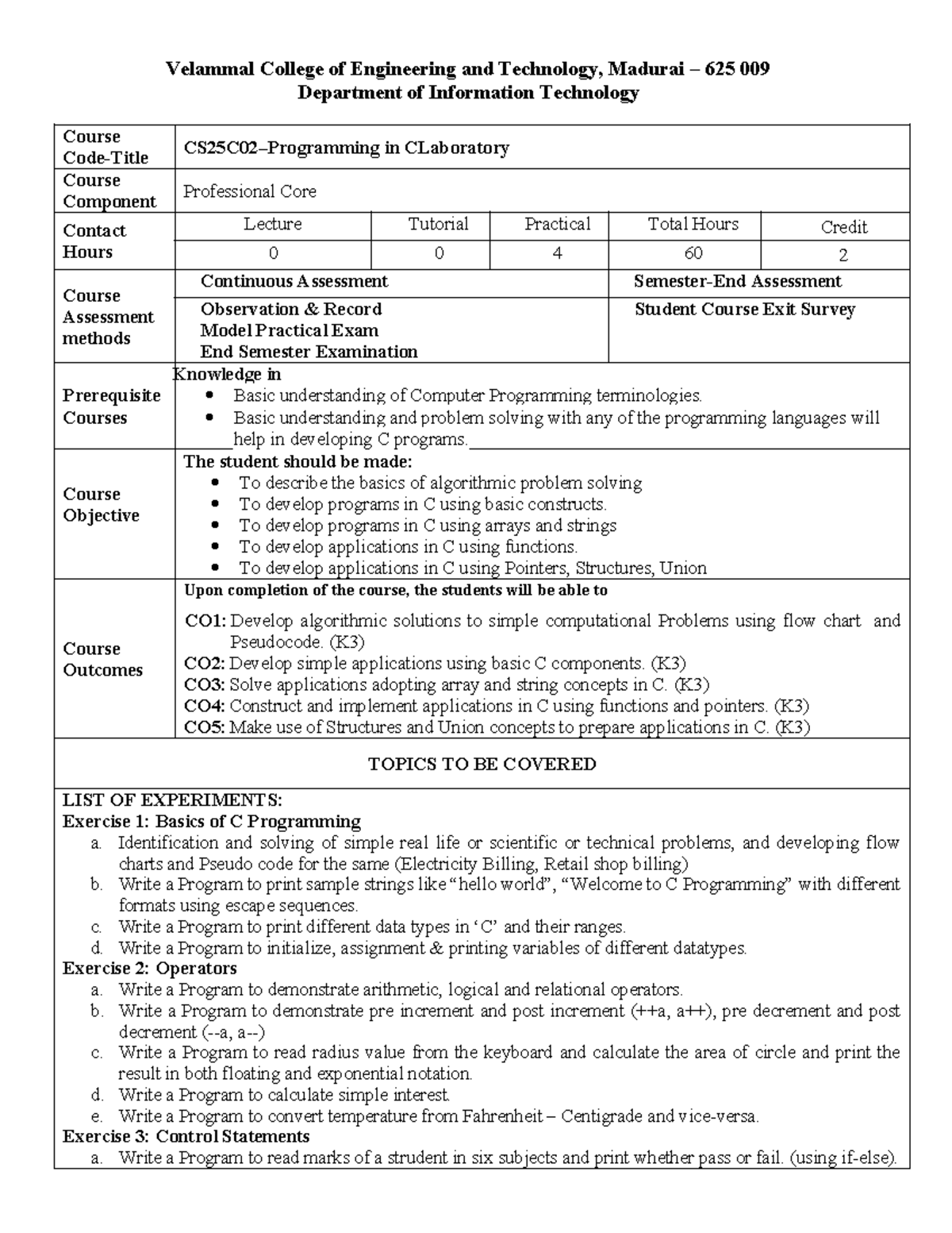 Syllabus for C Programming Lab (IT Course) - Velammal College - Studocu