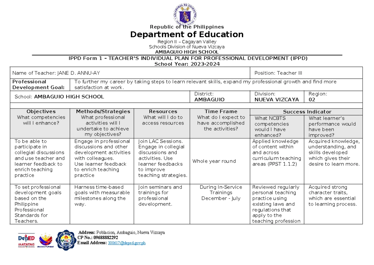 IPPD Form 1: Individual Plan for Professional Development Summary ...