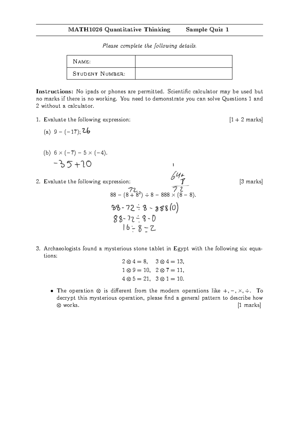 MATH1026 Quantitative Thinking Sample Quiz 1 Details and Instructions ...