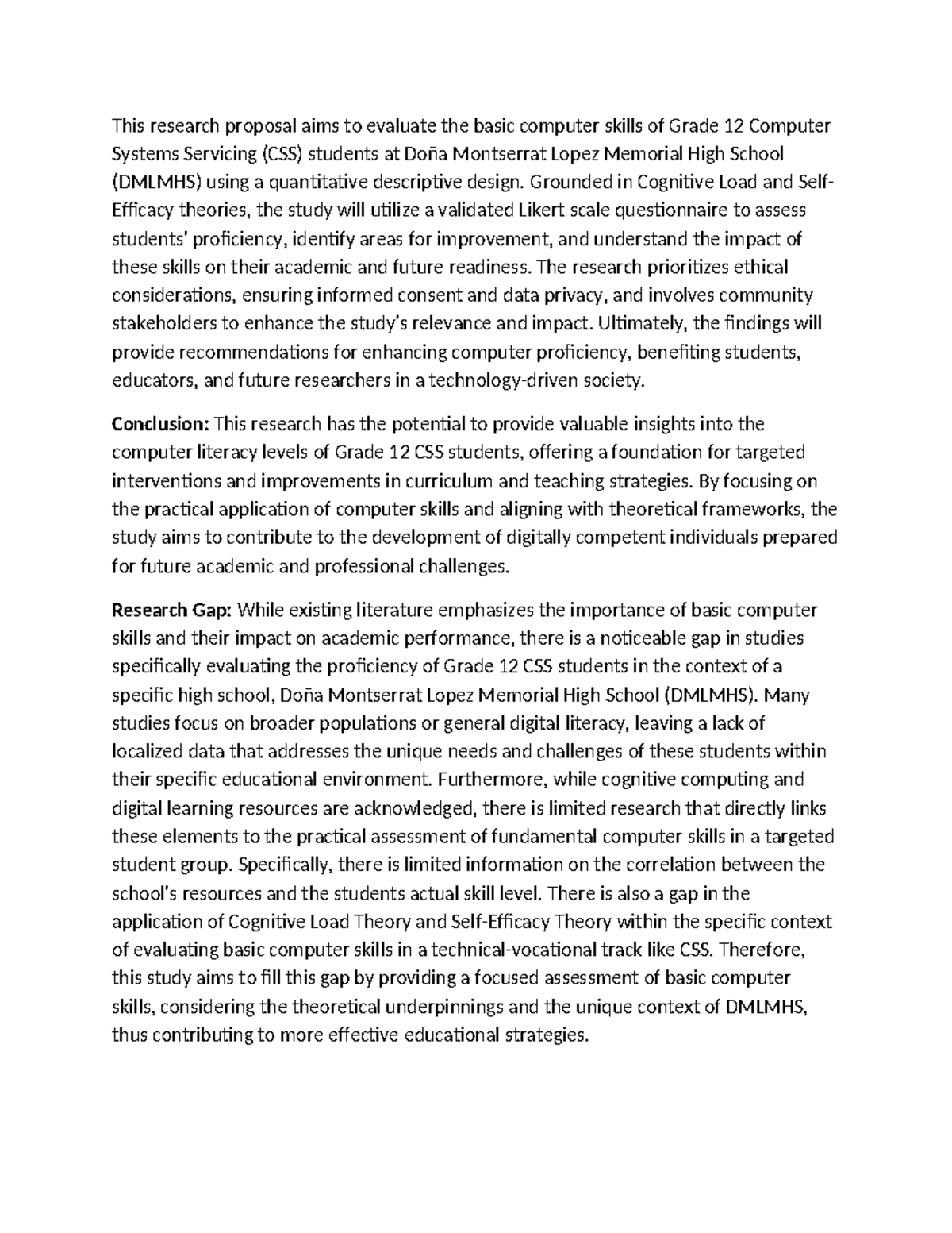 Grade 12 CSS Research Proposal: Evaluating Computer Skills at DMLMHS ...