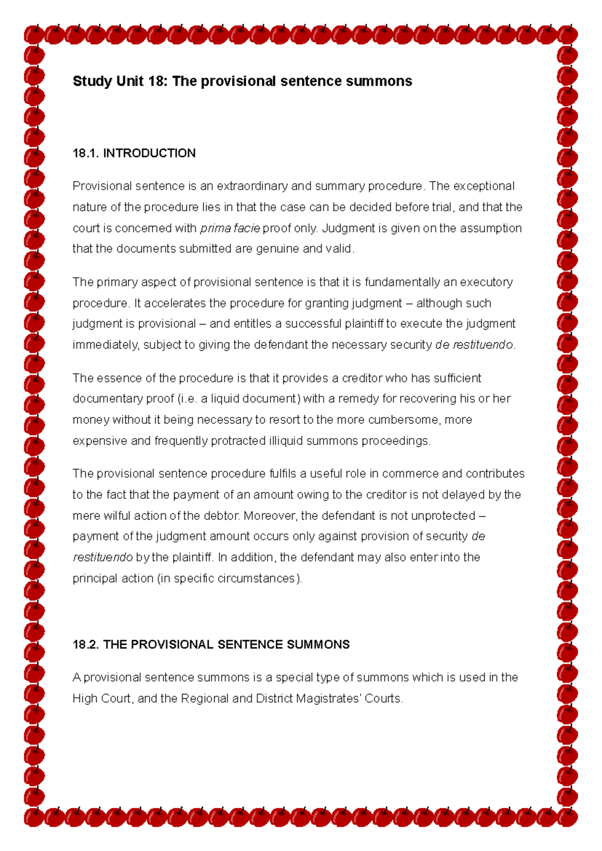 CIV3701 LU18-19: Provisional Sentence Summons Overview and Analysis ...
