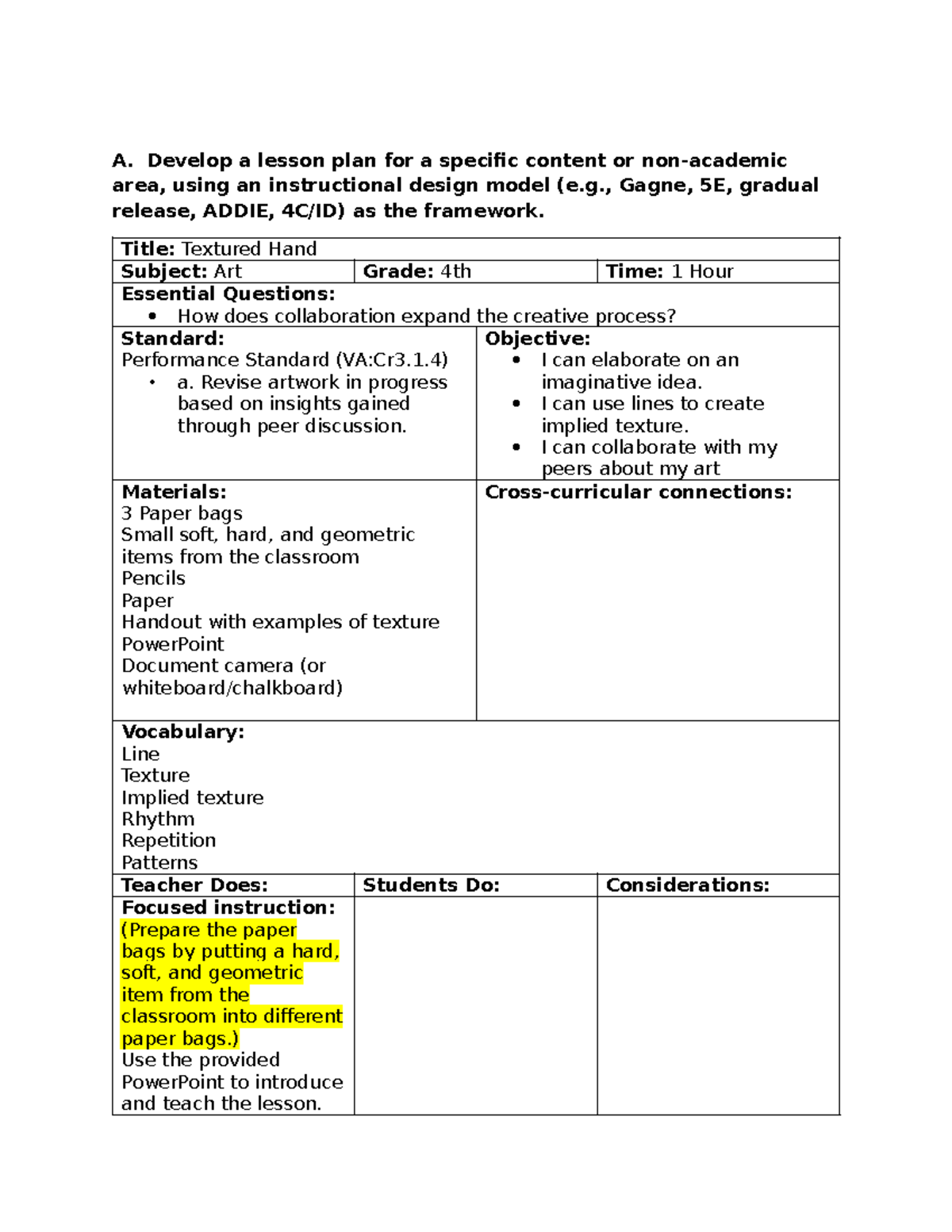 Lesson Plan: Textured Hand Art (4th Grade) - Instructional Design Model ...