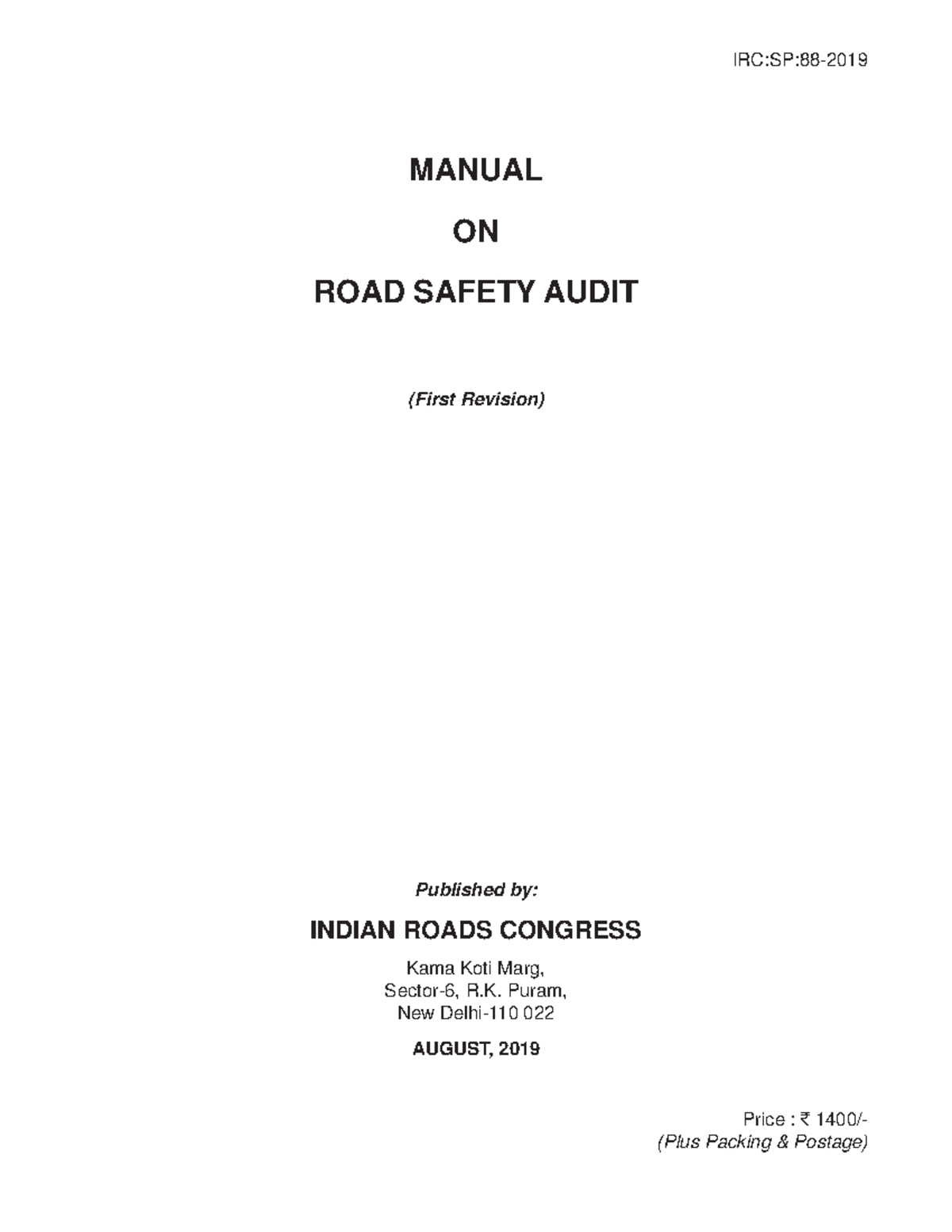 IRC SP 88: 2019 Manual on Road Safety Audit - First Revision - Studocu