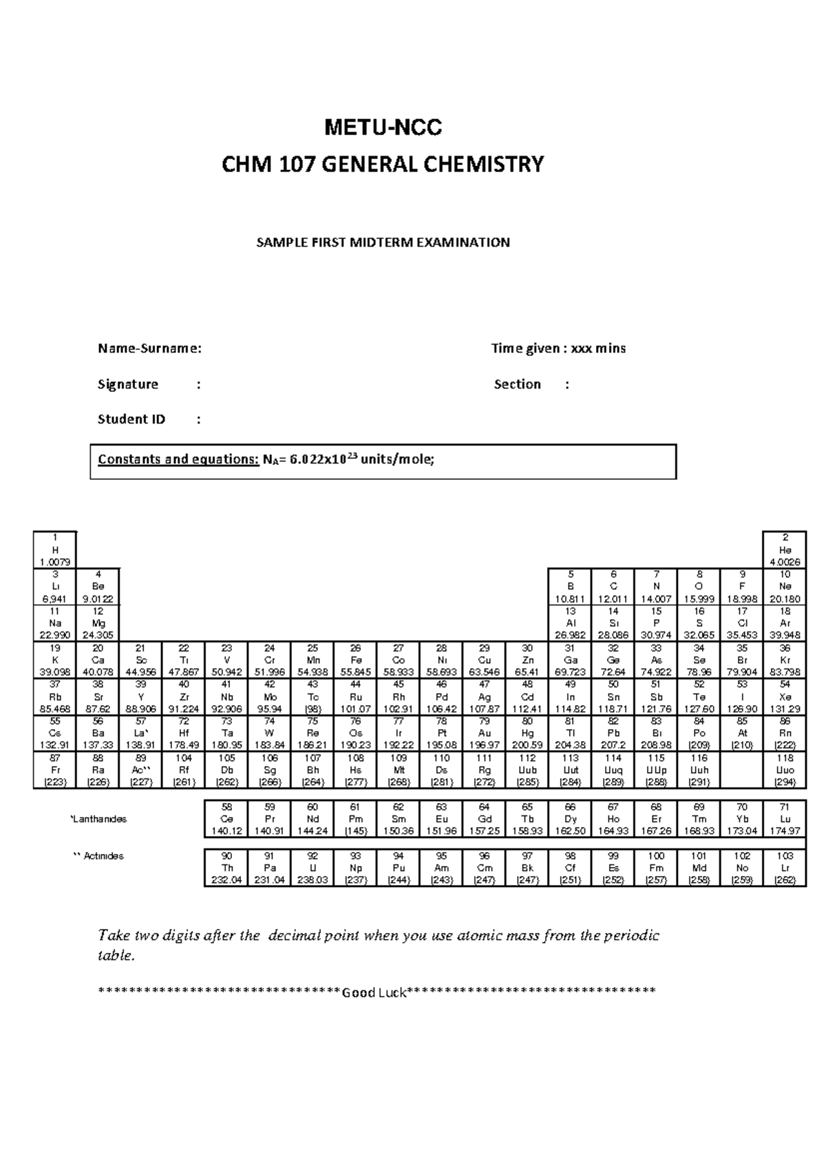 CHM 1 07 General Chemistry Sample Midterm Exam Questions - Studocu