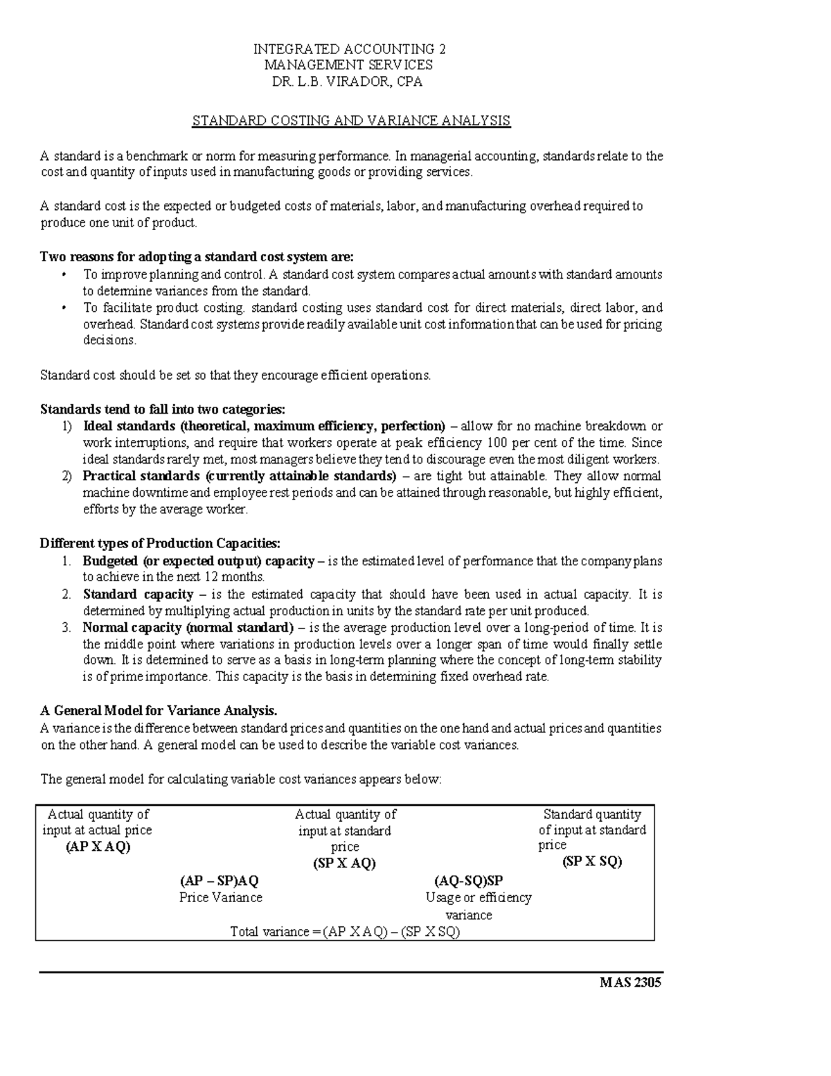 MS-2305 - Standard Costing & Variance Analysis Notes - Studocu