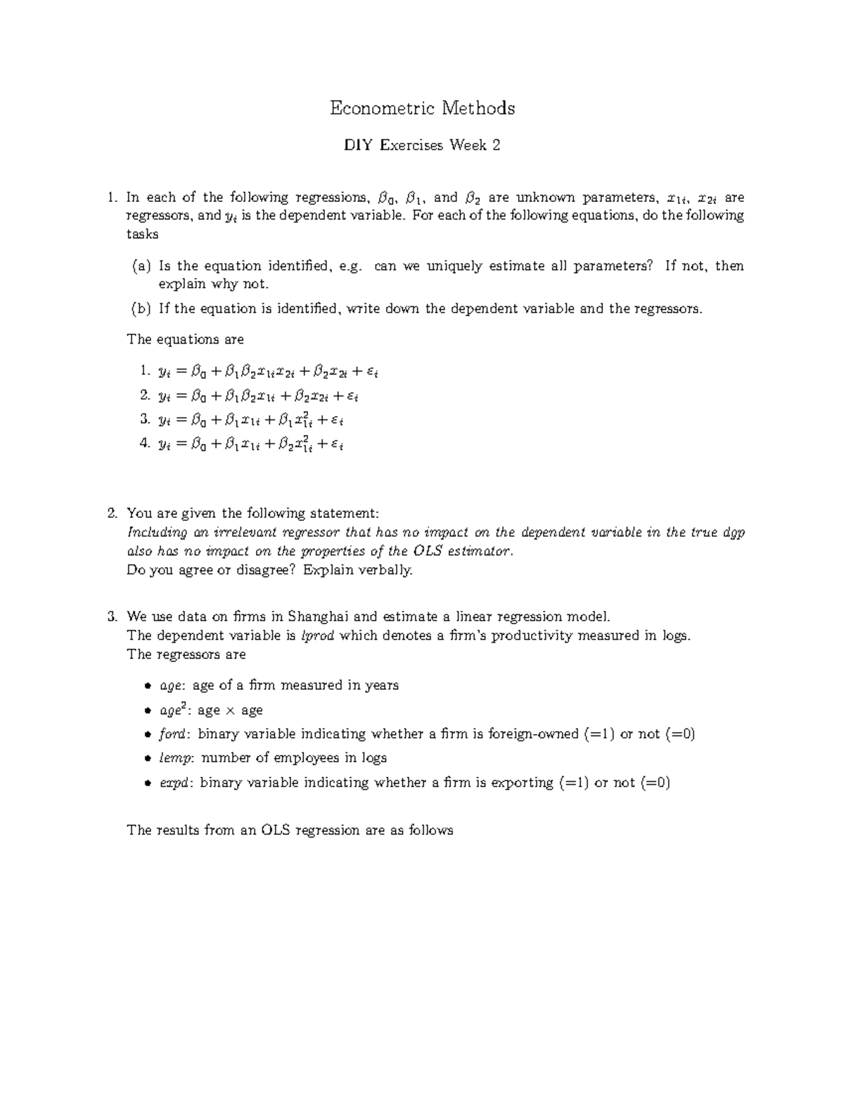 Econometrics DIY Exercises Week 2 - Identifying Parameters & OLS ...