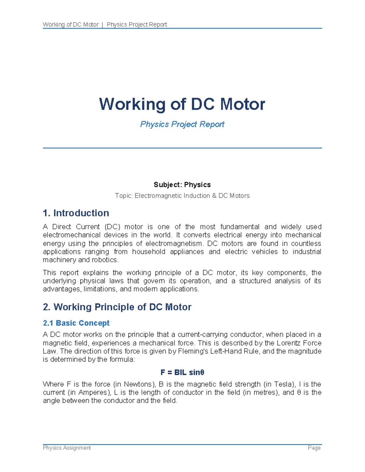 DC Motor Physics Project Report: Principles & Applications - Studocu