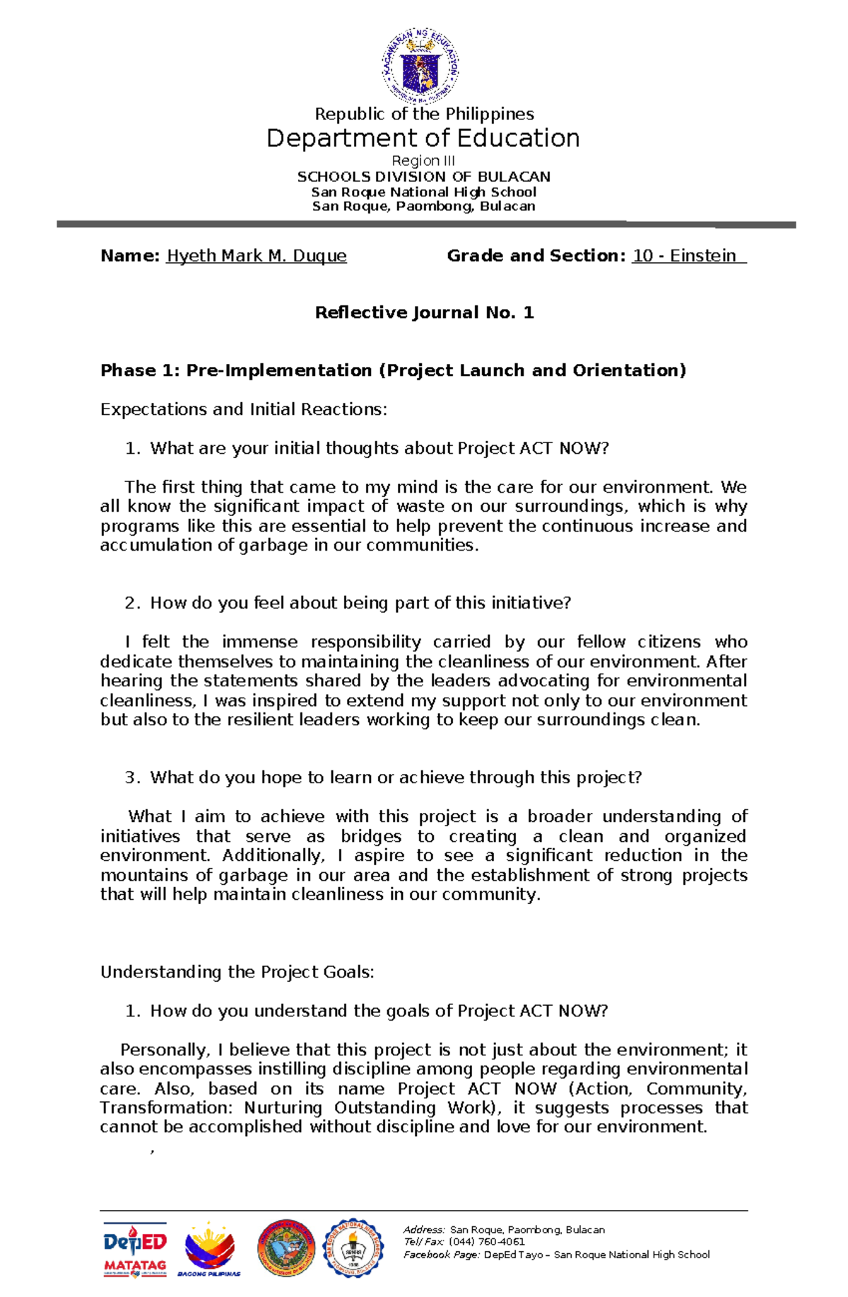 Reflective Journal NO. 1 - Address: San Roque, Paombong, Bulacan Tel ...