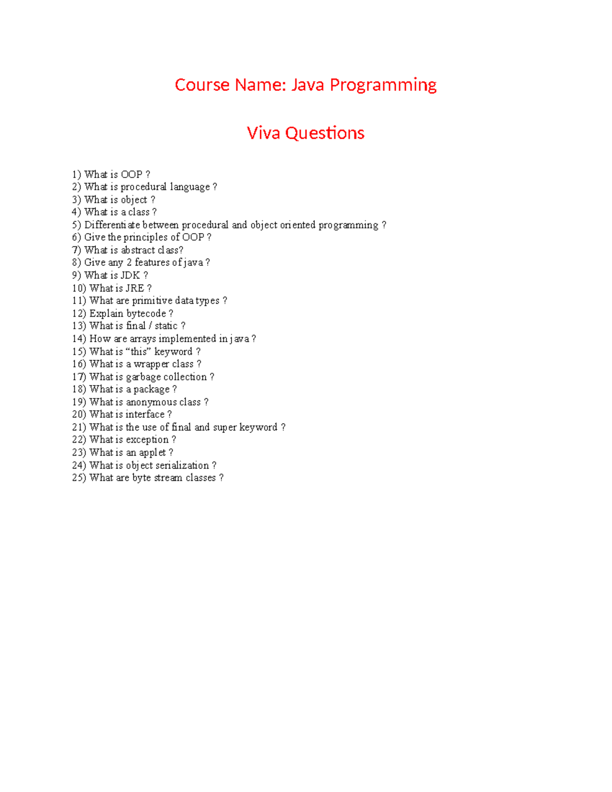 JAVA Programming: Viva Q&A and MCQs for Exam Preparation - Studocu