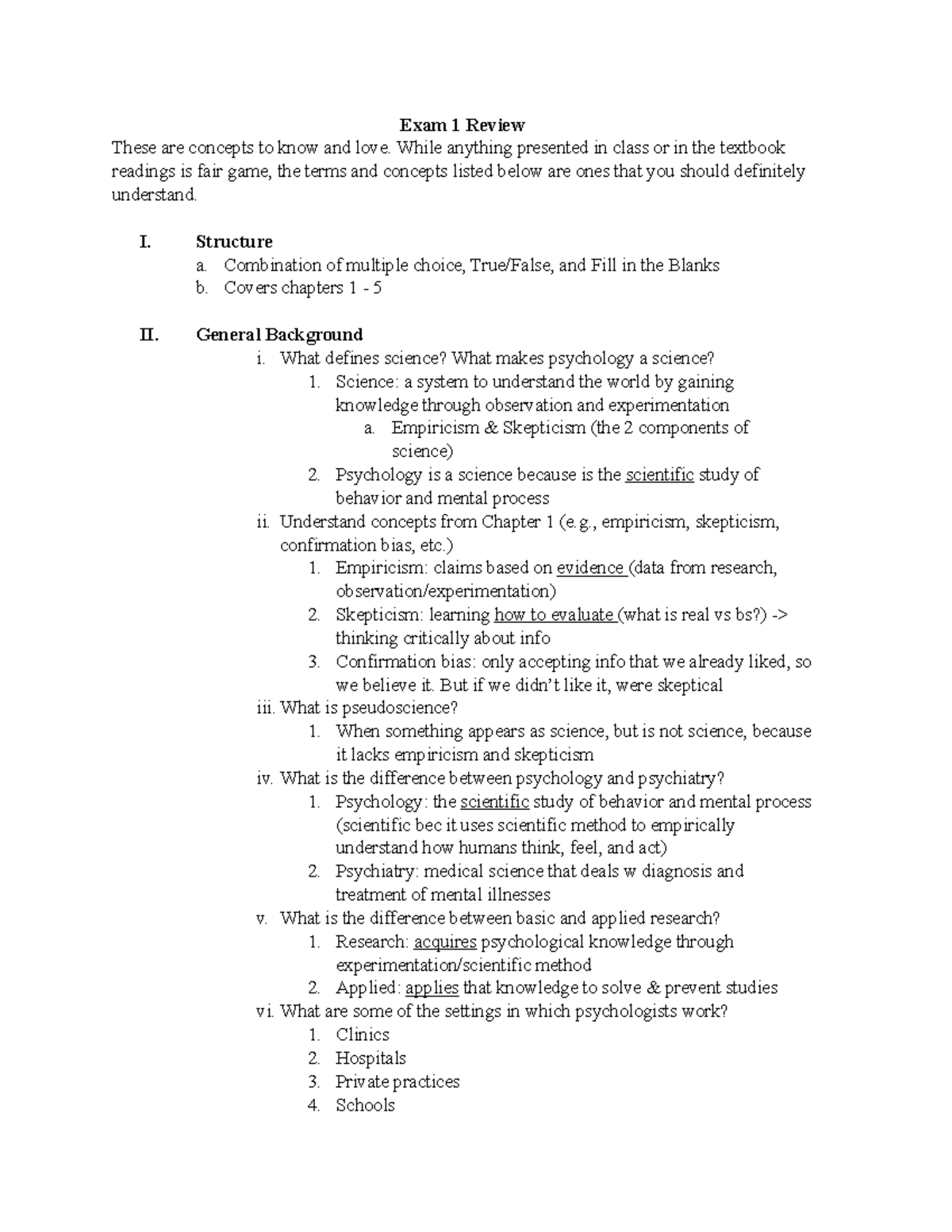 Psychology 101: Exam 1 Review Notes on Key Concepts and Terms - Studocu